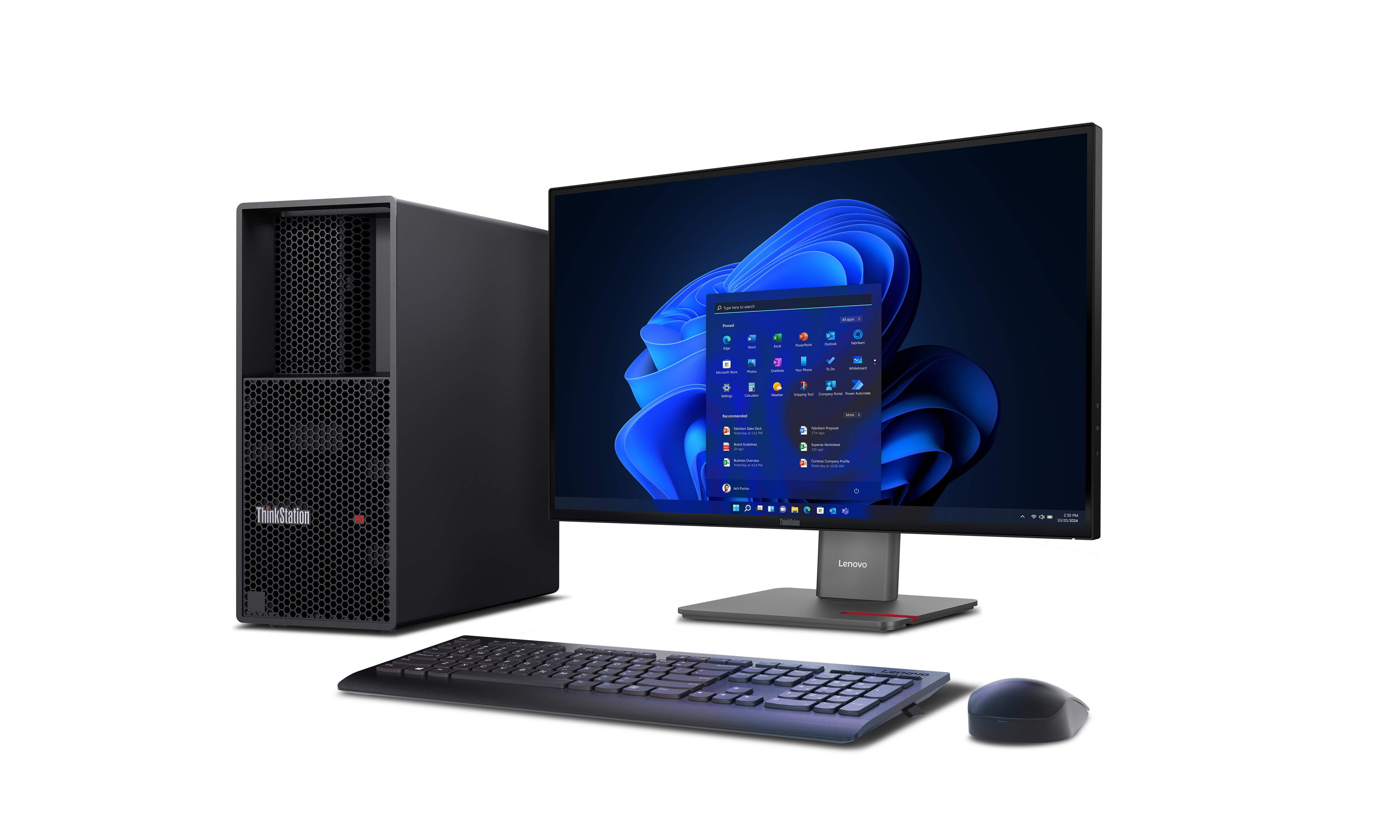 Schwarzer Desktop-Computer mit Monitor, Tastatur und Maus auf schwarzer Oberfläche, zeigt Windows 11.