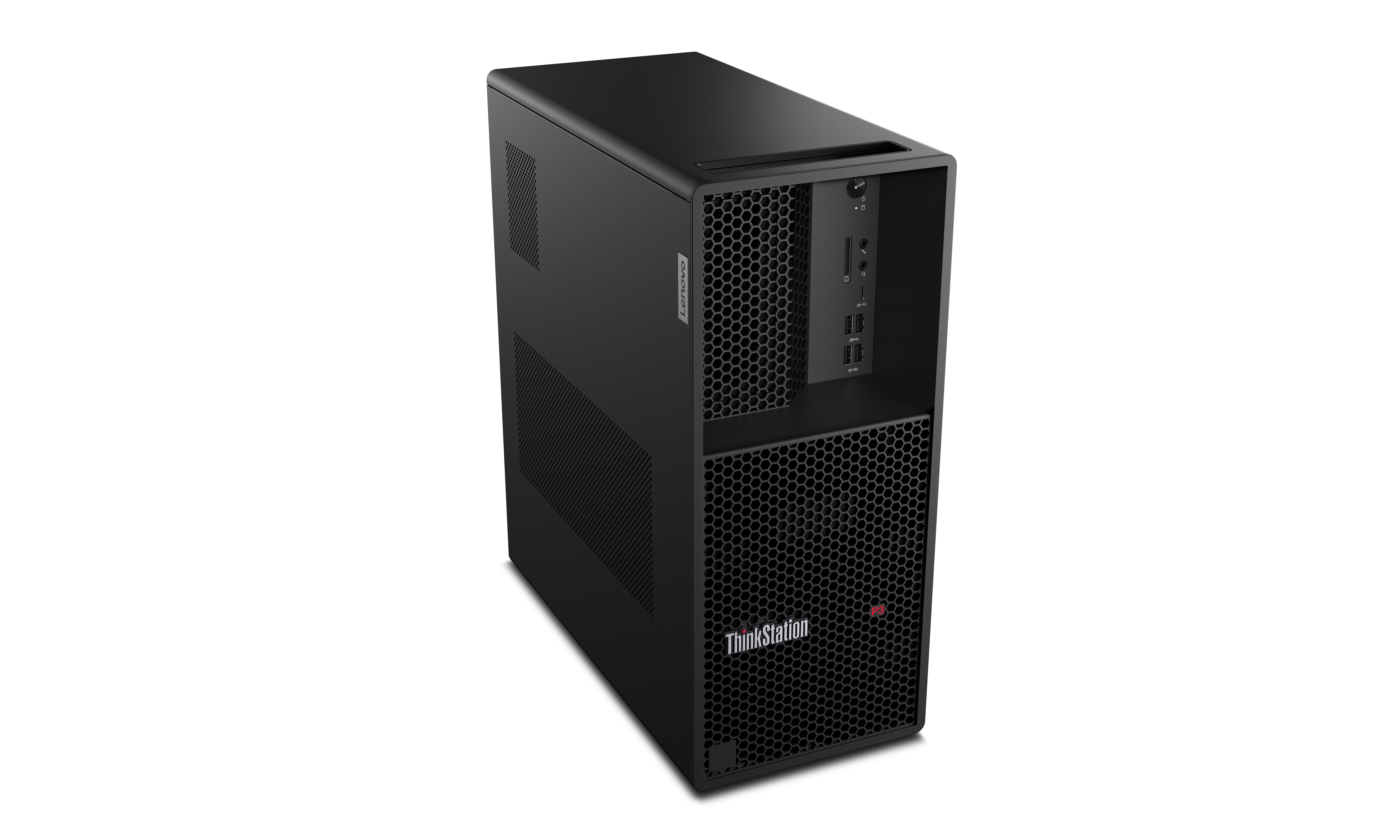 Ein schwarzer Lenovo ThinkStation Desktop-Computer. Er hat eine wabenförmige Front und Lenovo-Branding an der Seite.