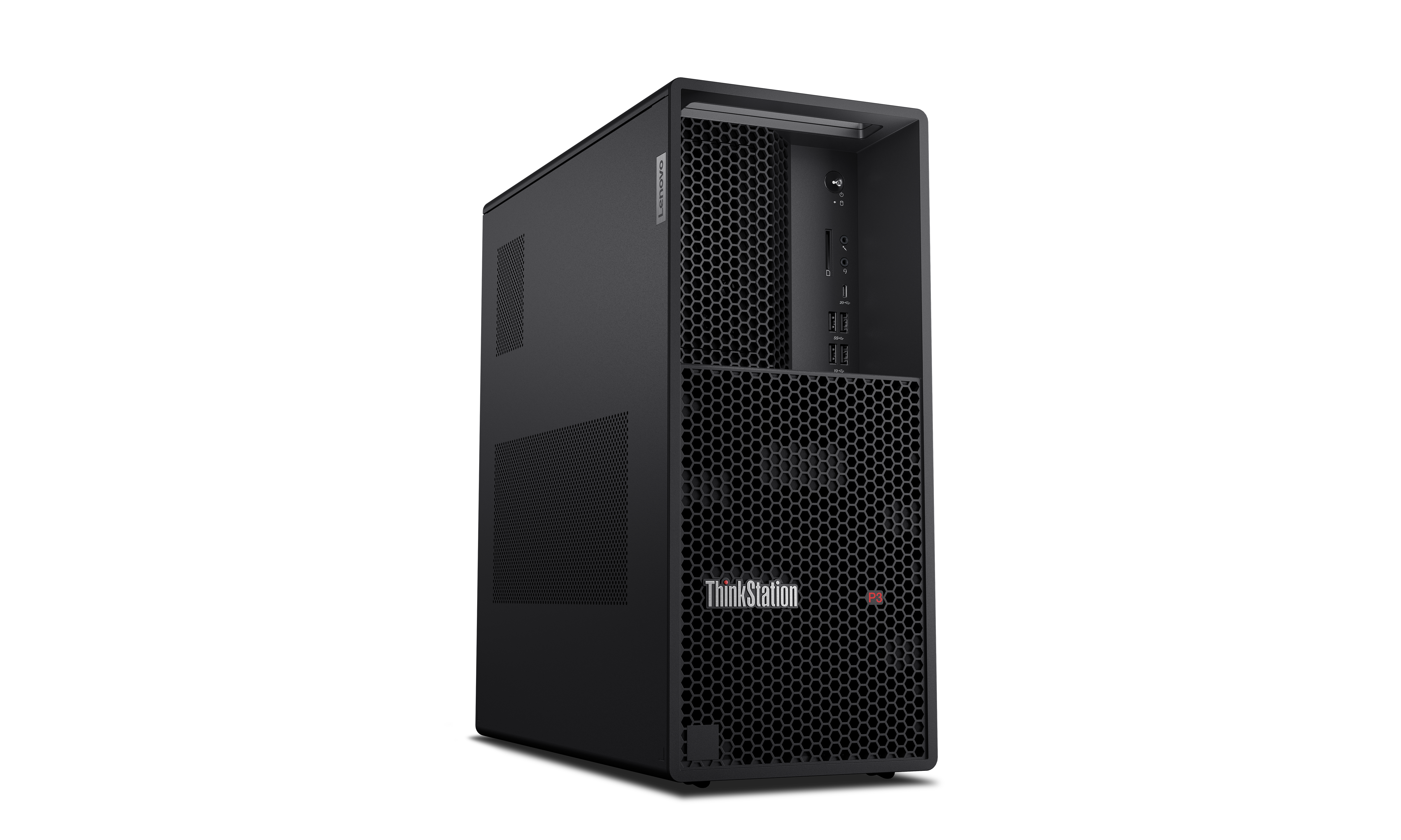 Ein schwarzer Lenovo ThinkStation Computer-Tower. Er hat eine wabenförmige Front und ein Lenovo-Logo an der Seite.