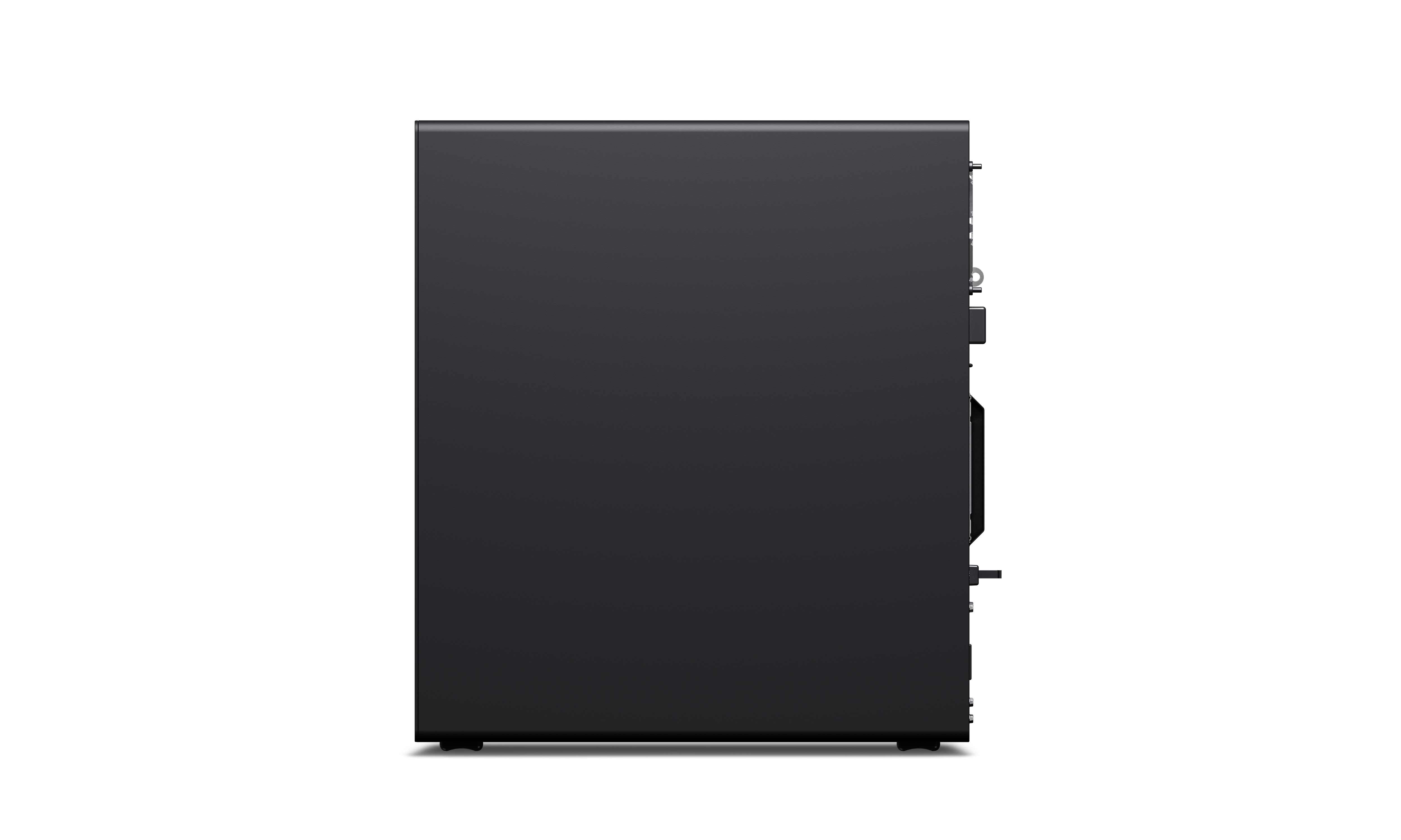 Seitenansicht eines schwarzen Computergehäuses vor schwarzem Hintergrund. Das Gehäuse hat ein glattes, mattes Finish.