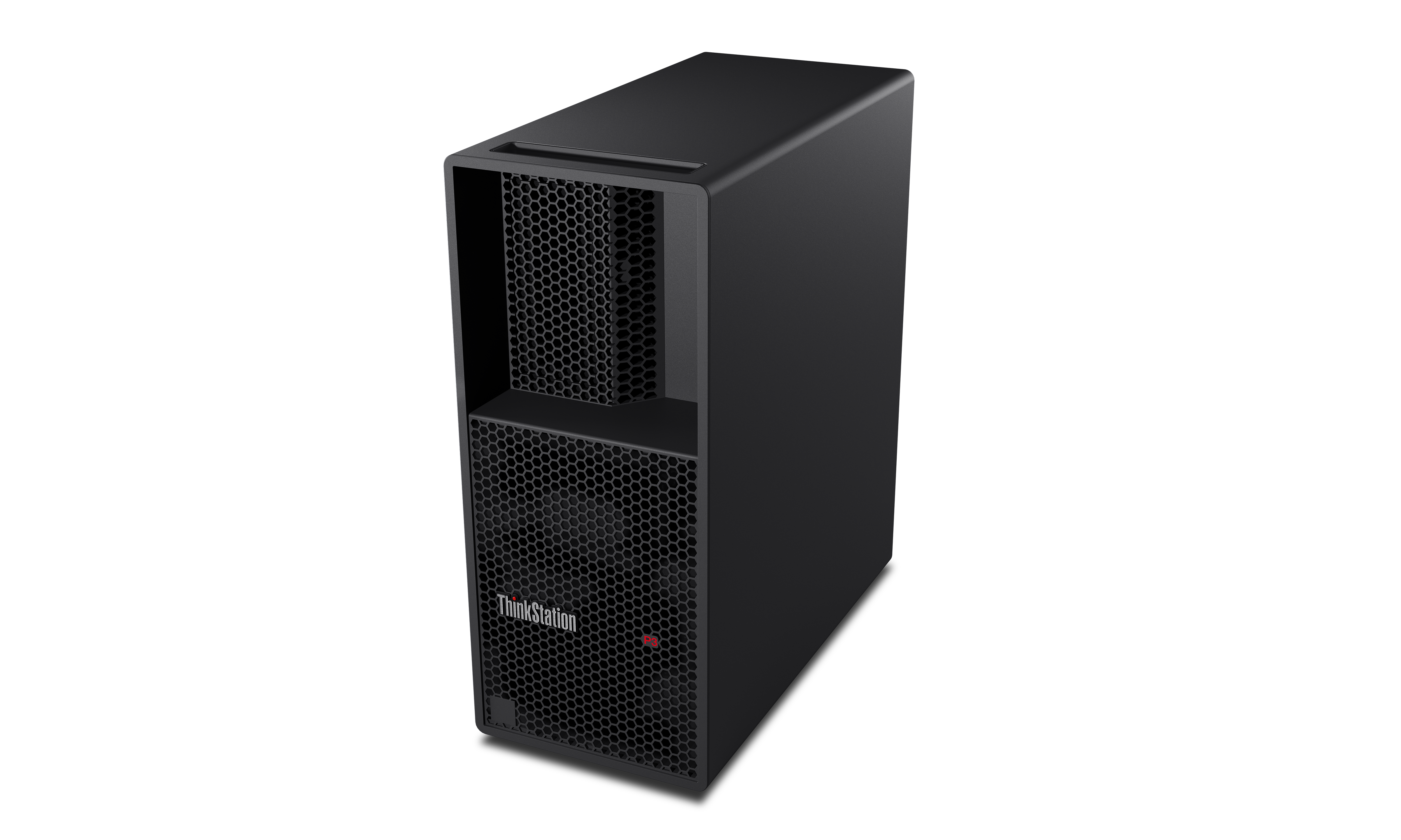 Ein schwarzer ThinkStation-Computerturm vor schwarzem Hintergrund. Er hat ein Wabengitter an der Vorder- und Oberseite und das ThinkStation-Logo.