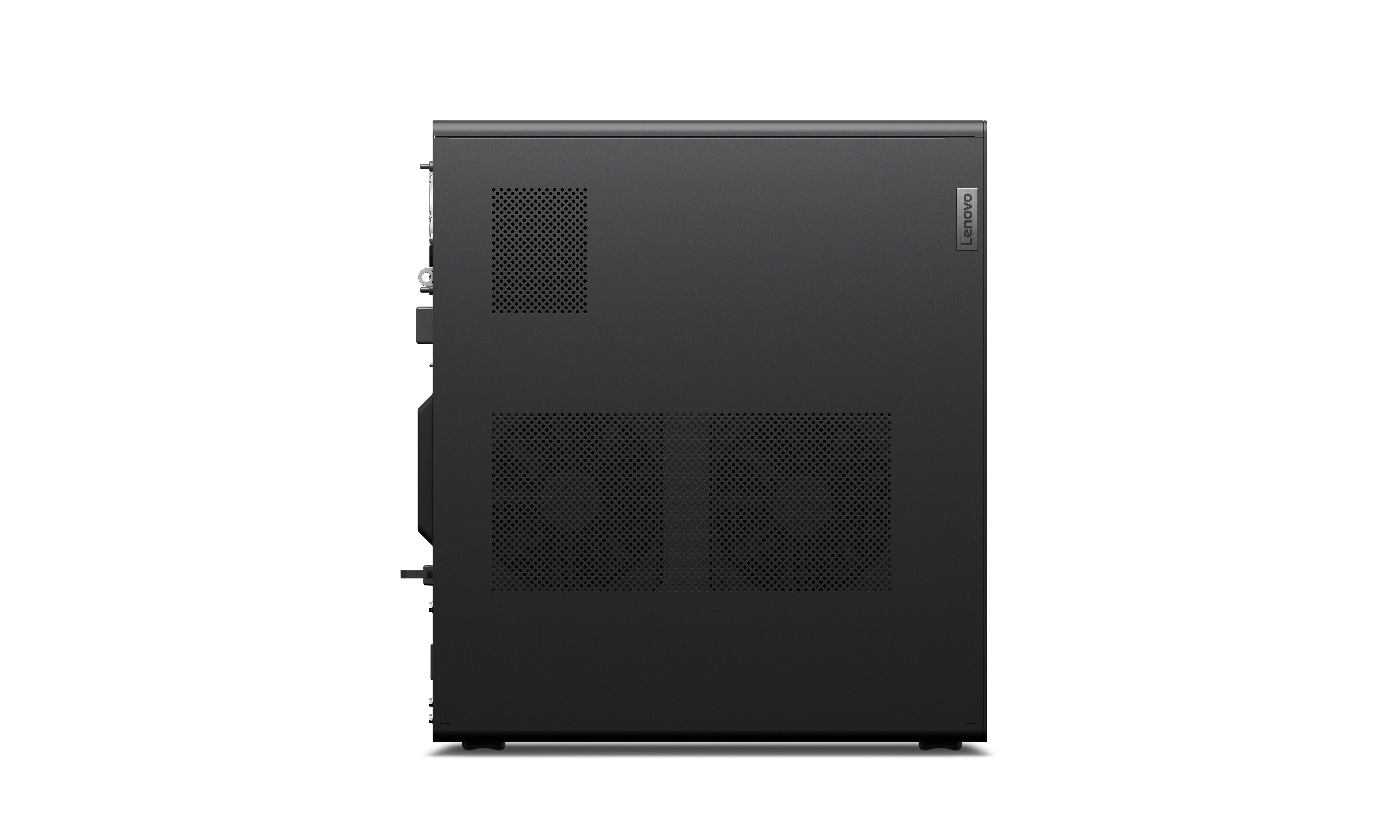 Ein schwarzes Lenovo-Desktop-Computergehäuse. Es hat zwei perforierte Bereiche für die Belüftung und das Lenovo-Logo.