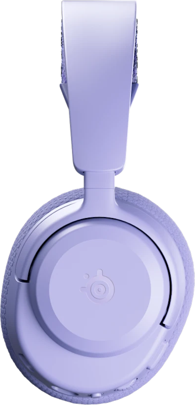 Világos lila fejhallgató párnázott fejpánttal és fülkagylókkal. A SteelSeries logója látható.