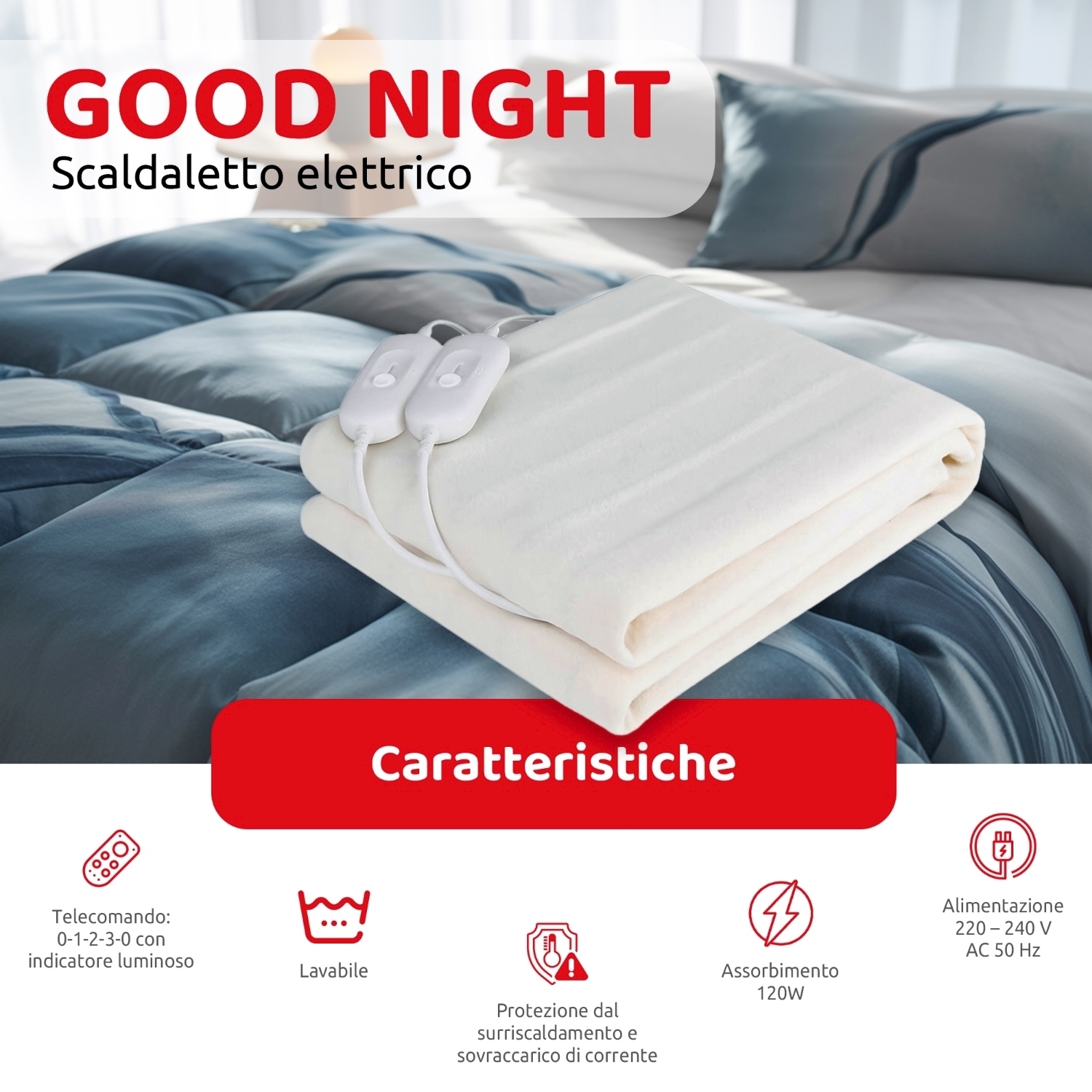 Una coperta elettrica riscaldata bianca è su un letto con biancheria da letto blu. Il testo dice 'BUONA NOTTE' e sono elencate le caratteristiche del prodotto.