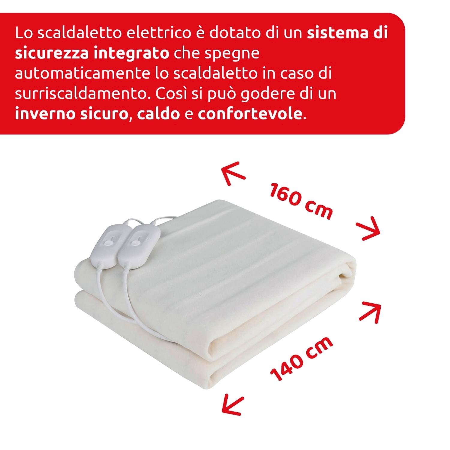 Una coperta elettrica bianca piegata con due controller. Il testo in italiano descrive le caratteristiche di sicurezza e le dimensioni.