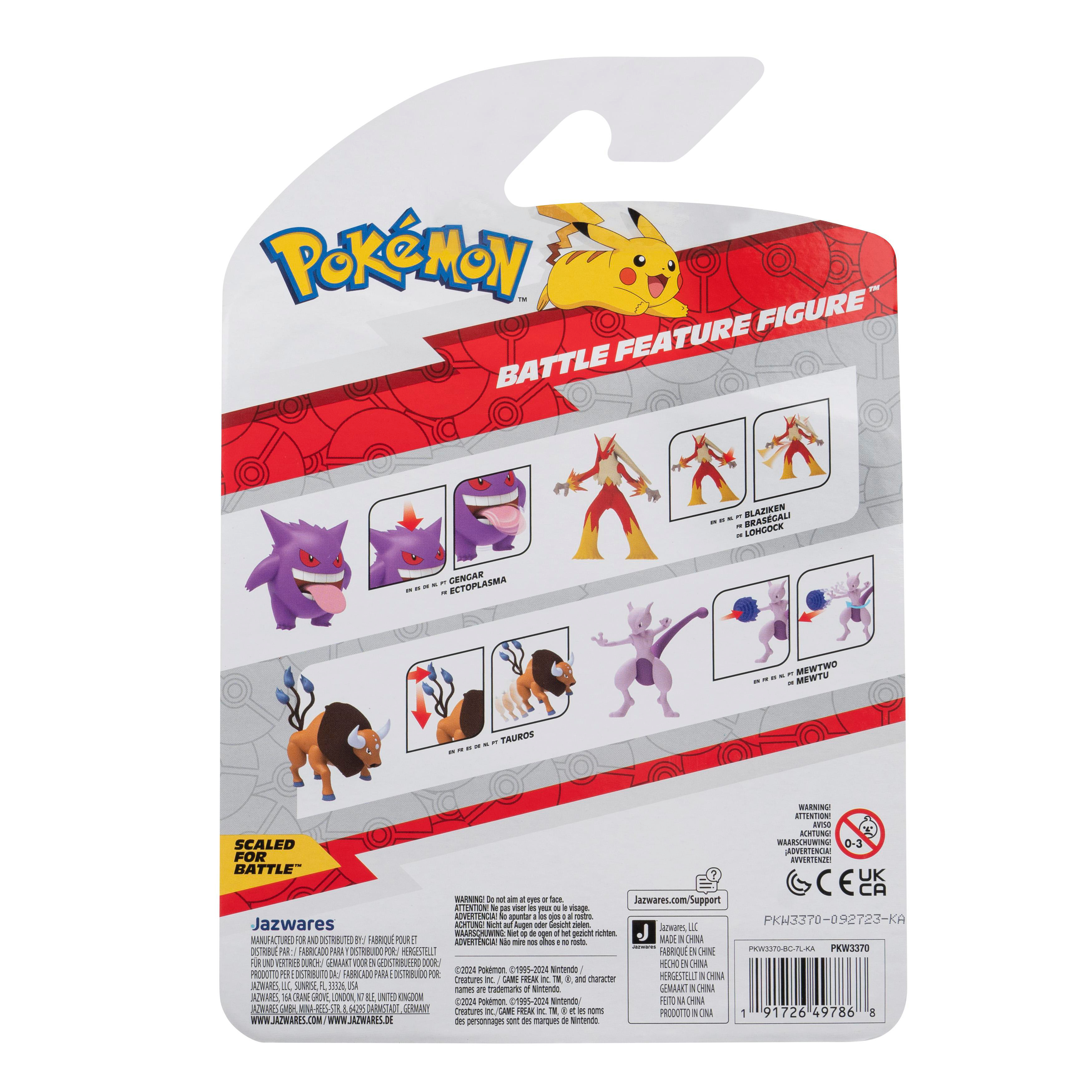 Eine Pokémon Battle Feature-Figurenverpackung. Es hat verschiedene Pokémon-Figuren, Logos und Text.