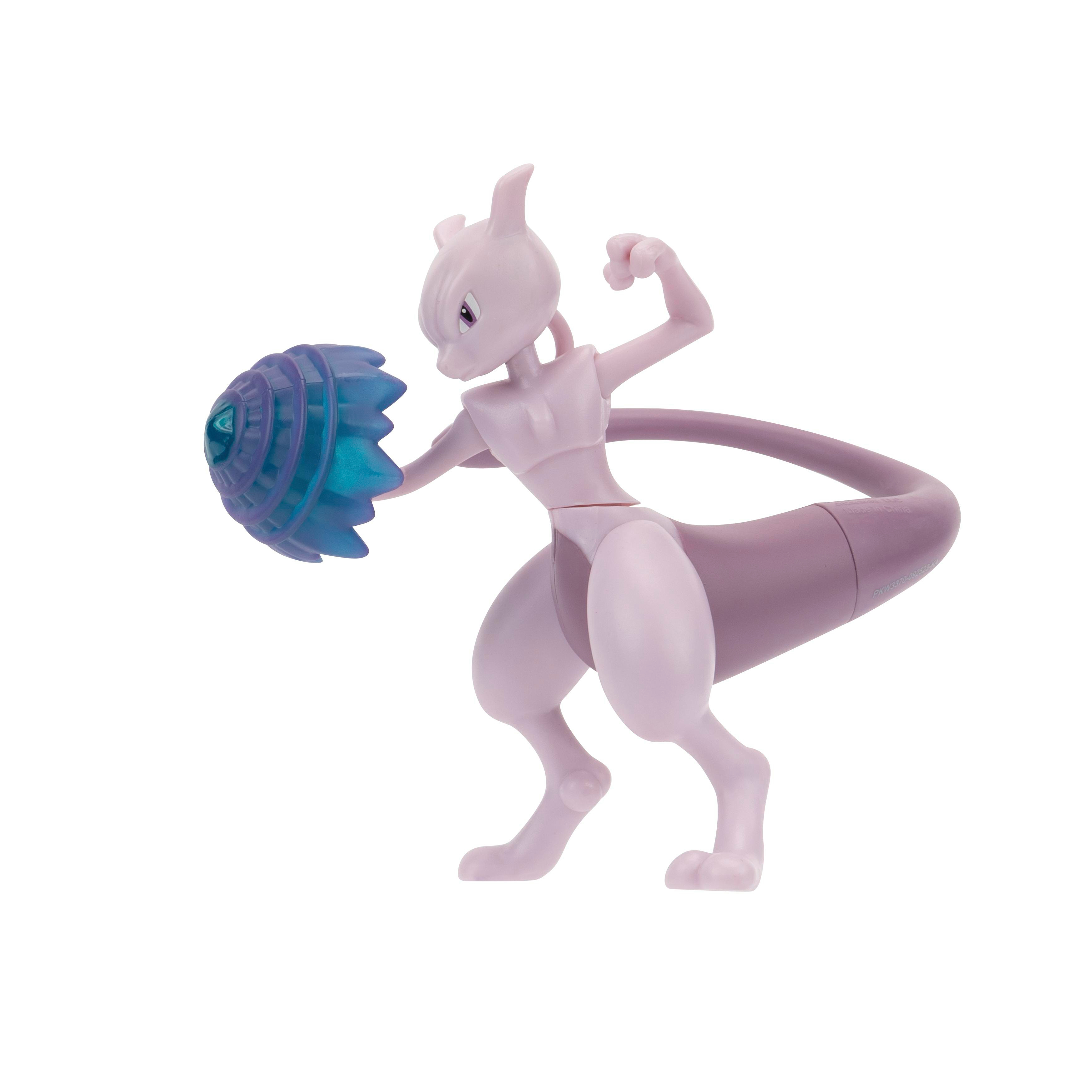 Eine hellviolette Mewtwo-Figur hält einen blauen Energieball. Es steht auf zwei Beinen, mit einem langen Schwanz und spitzen Ohren.