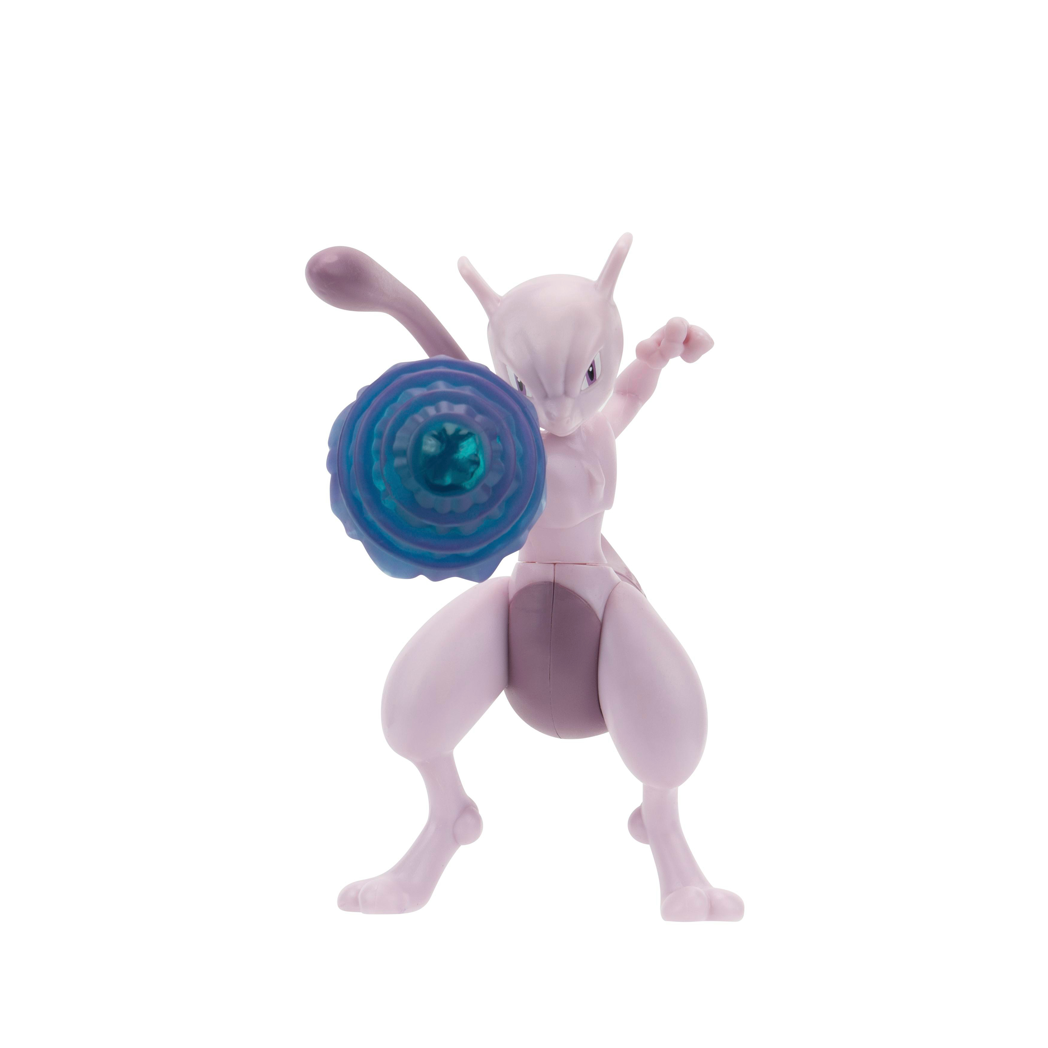 Eine hellviolette Mewtwo-Spielfigur posiert mit einem Energieschild, bereit für Action, auf weißem Hintergrund.
