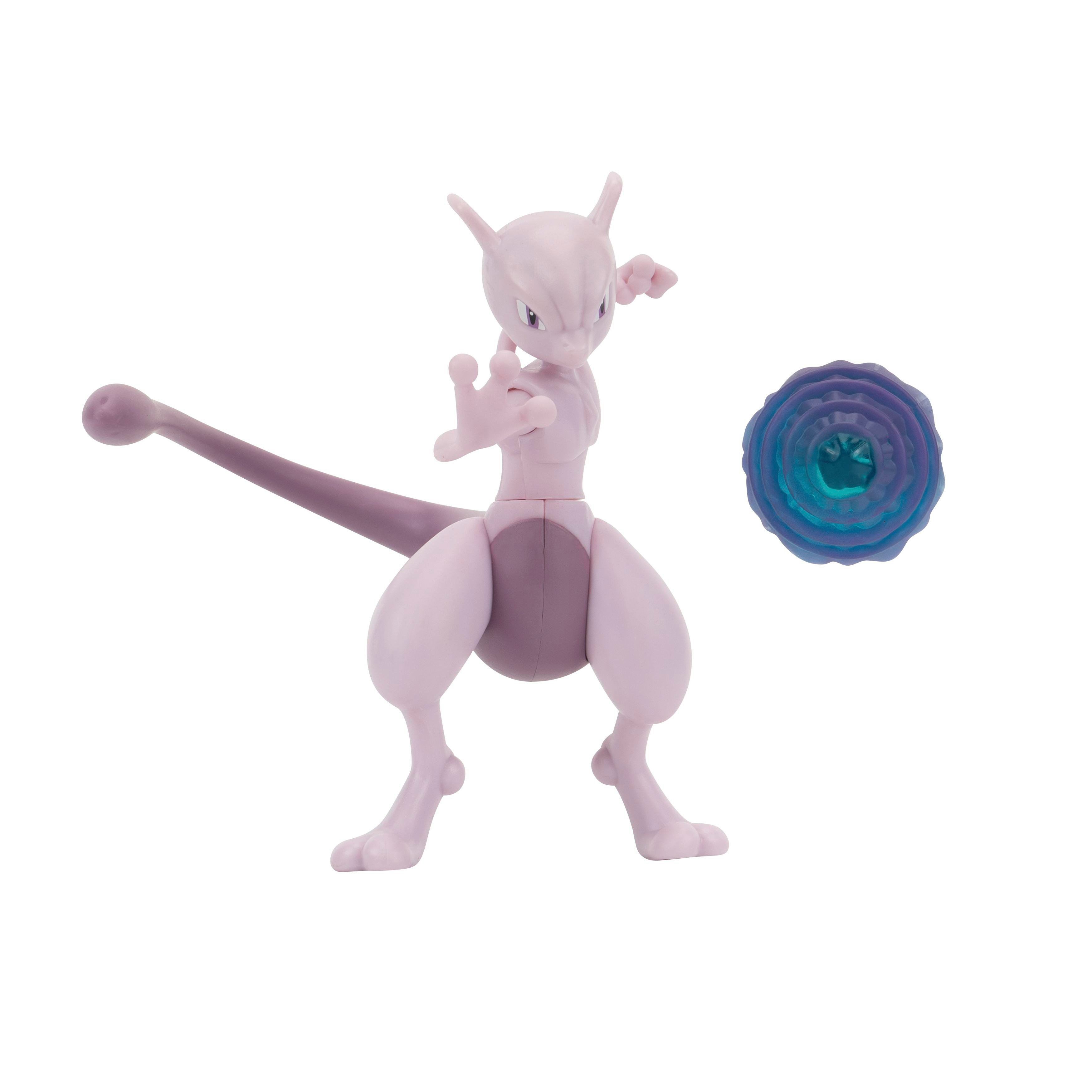 Eine Mewtwo-Figur in dynamischer Pose, hellviolett, mit einem wirbelnden Energieball. Weißer Hintergrund.