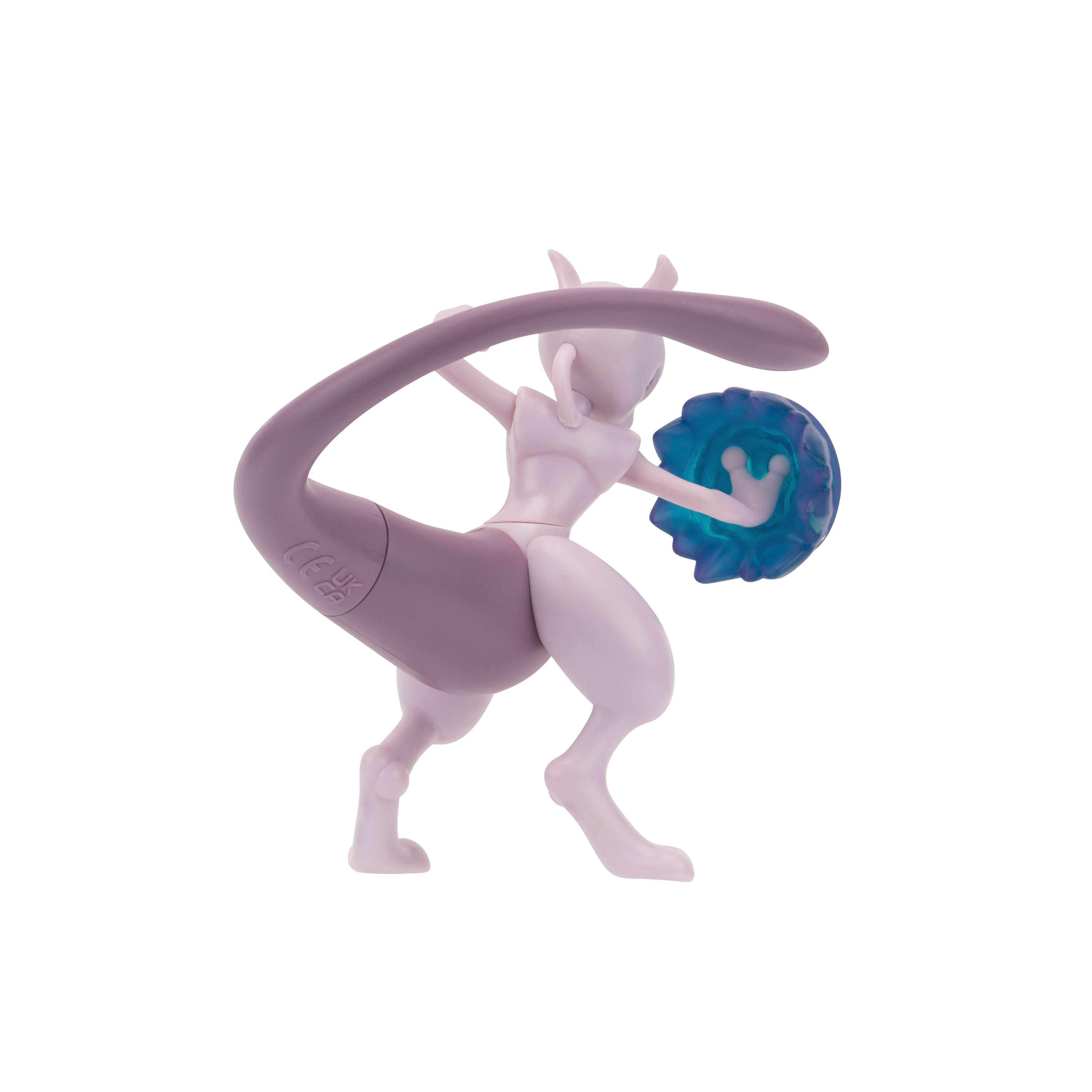Eine hellviolette Mewtwo-Figur mit langem Schwanz und einer blauen Energiesphäre.
