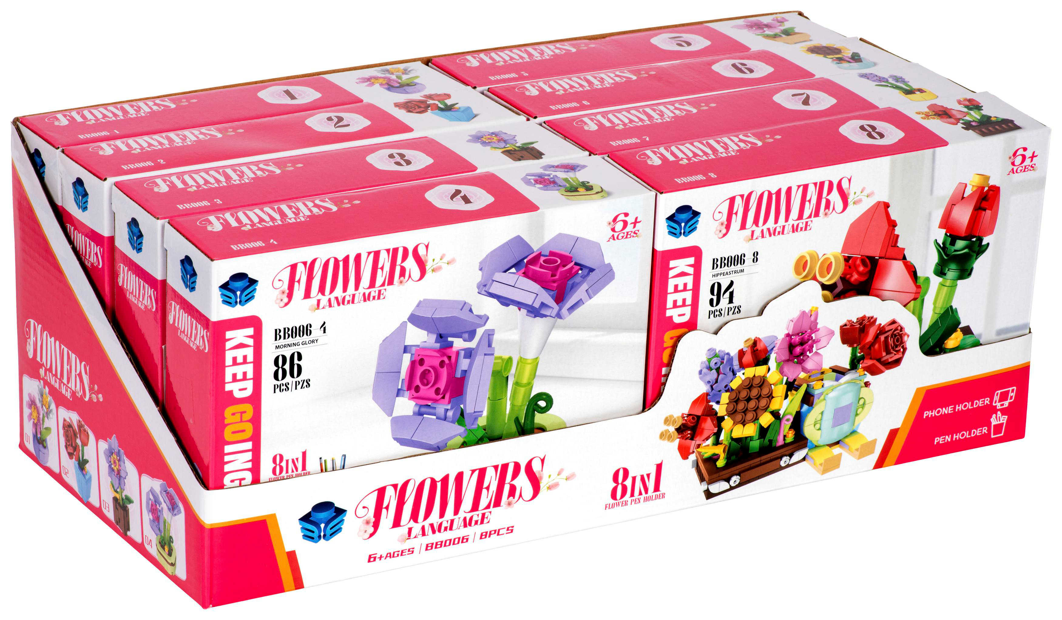Eine Display-Box mit Blumen-Baustein-Sets. Verschiedene Blumenmodelle sind abgebildet. Die Boxen sind nummeriert, das Set ist für Kinder ab 6 Jahren.