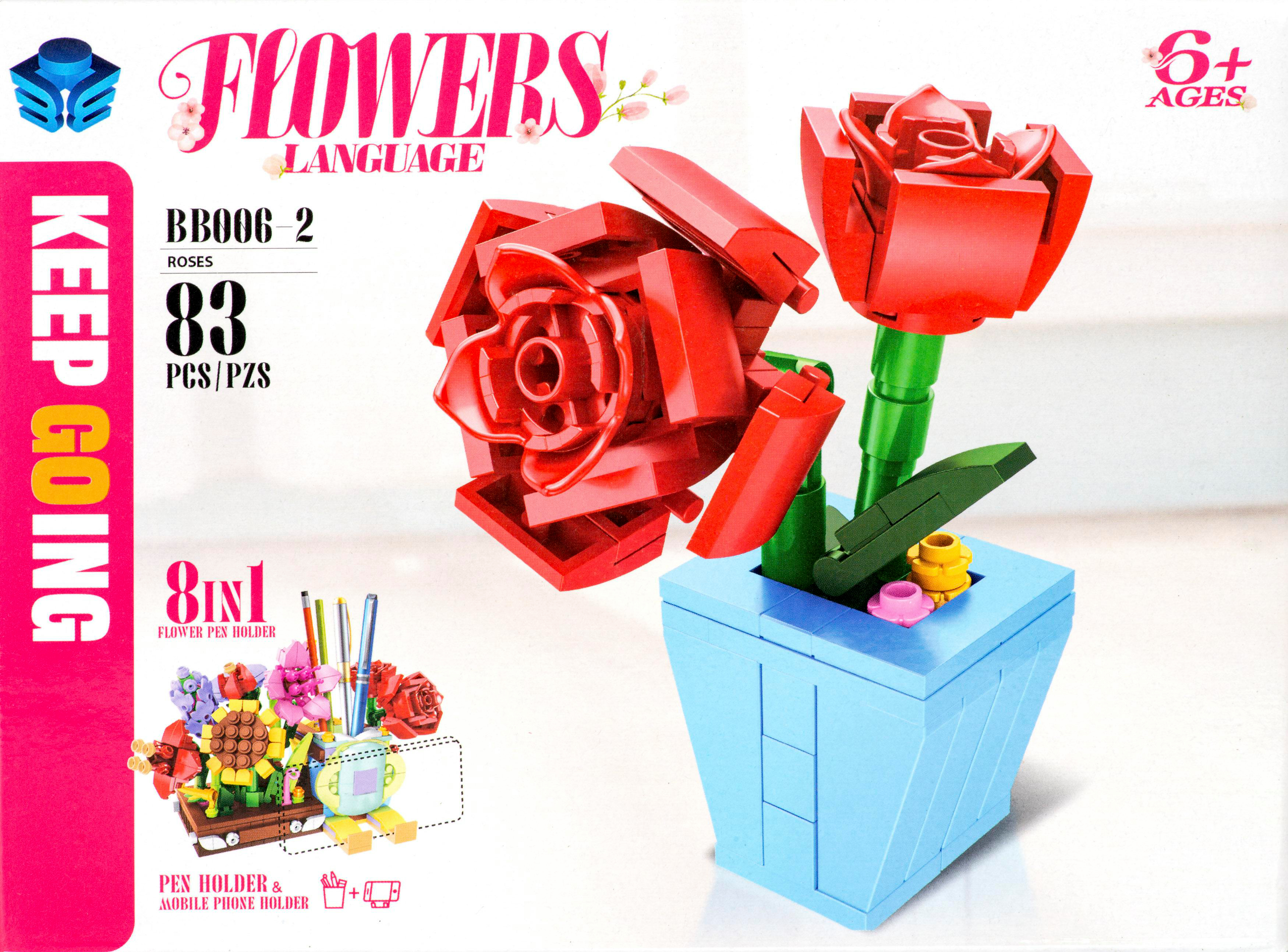Das Bild zeigt ein Spielzeug-Blumenset mit roten Rosen, grünen Stielen und einem blauen Topf. Text enthält 'FLOWERS' und '83 PCS'.