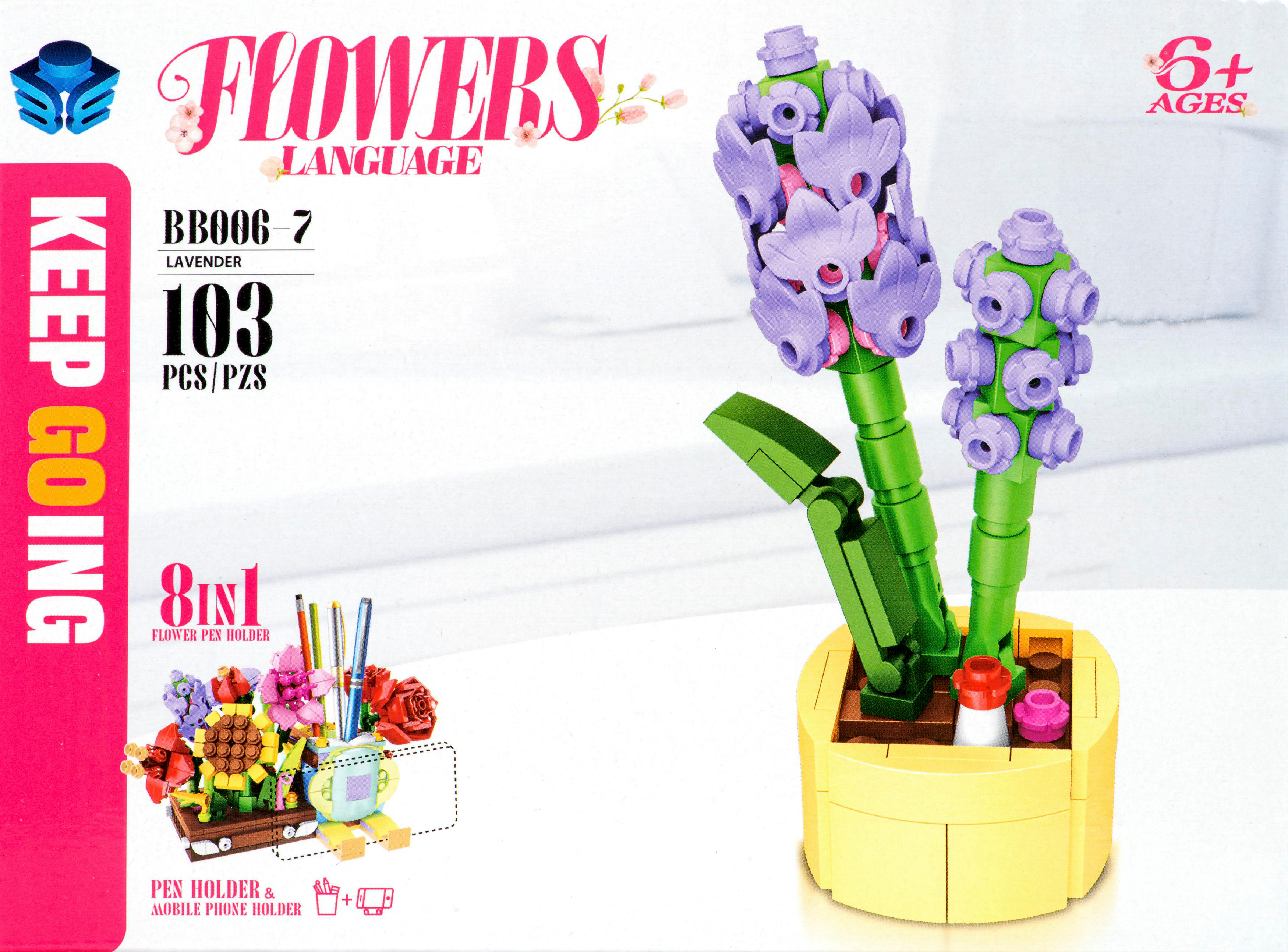 Schachtelkunst: Lego-Blumen in einem gelben Topf, lila Blüten, grüne Stiele und Text, der das Produkt beschreibt.