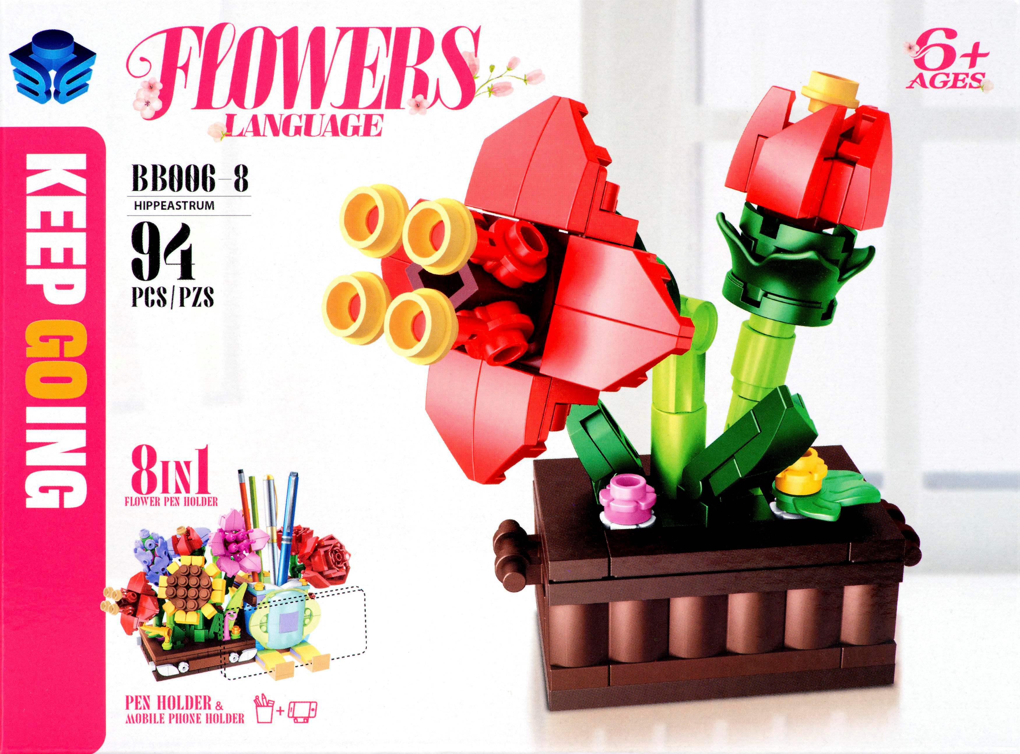 Ein Lego-Blumenset mit roten und gelben Blumen. Die Box enthält einen Stifthalter und eine Handyhalterung.