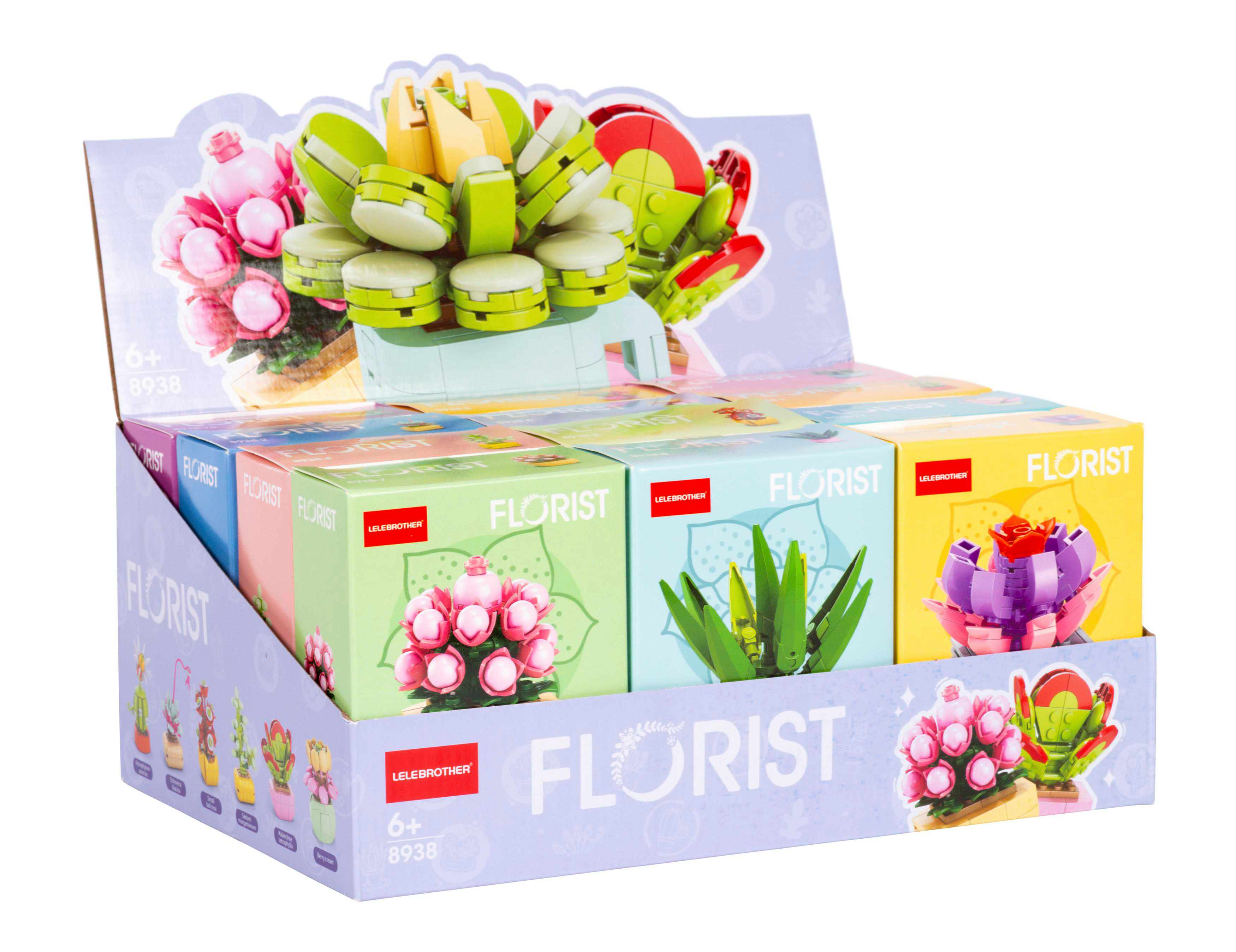 Auslage von Spielzeug-Floristen-Sets mit verschiedenfarbigen Boxen. Jede Box hat ein Lego-Blumendesign. Die Auslage steht auf weißem Hintergrund.