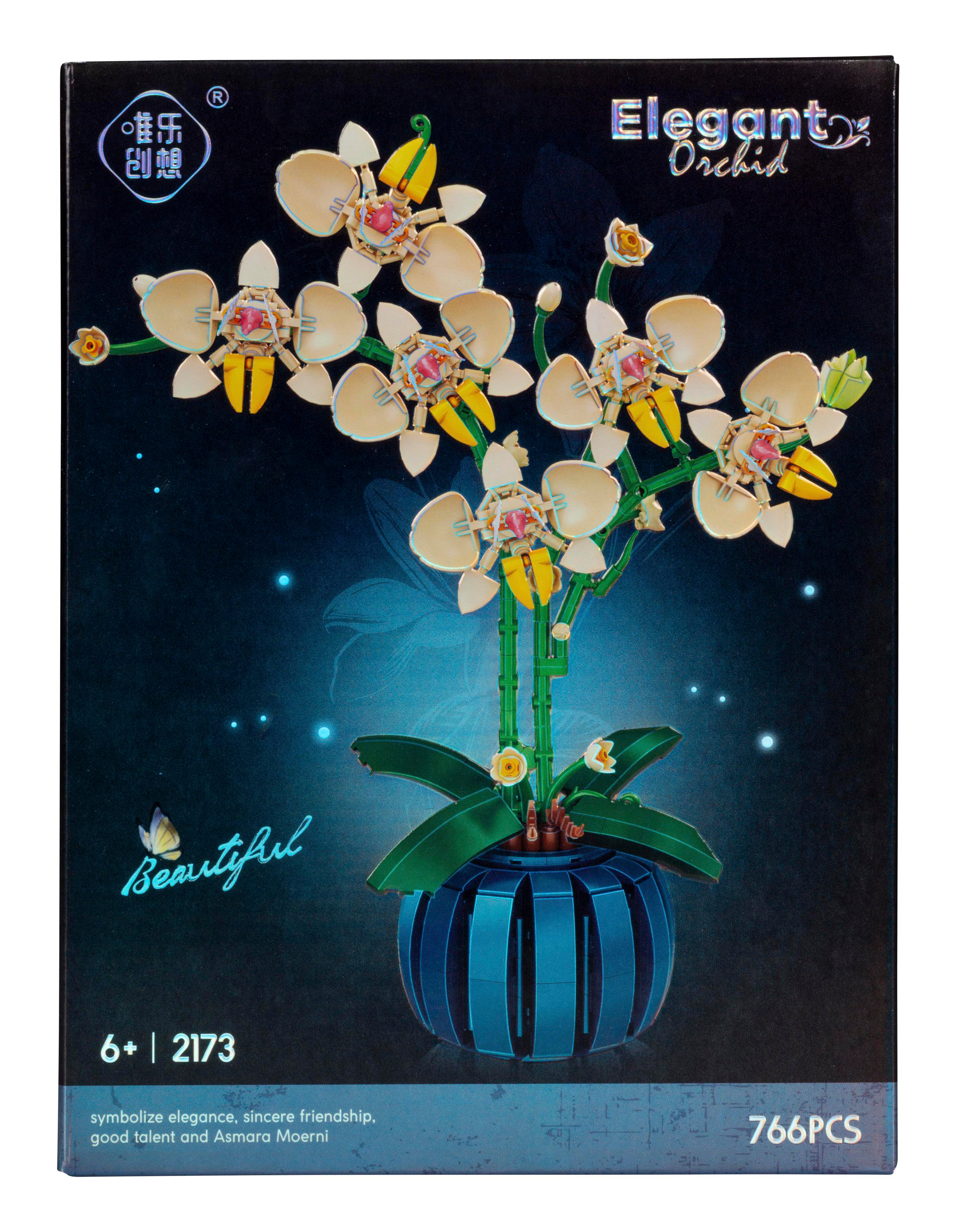 Schachtelkunst eines Orchideen-Sets. Es hat weiße Blüten, grüne Stiele und einen blauen Topf vor dunklem Hintergrund.
