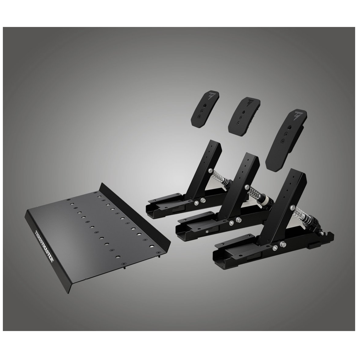 Pédalier Thrustmaster noir avec trois pédales, trois capuchons et une plaque de base, sur fond gris dégradé.