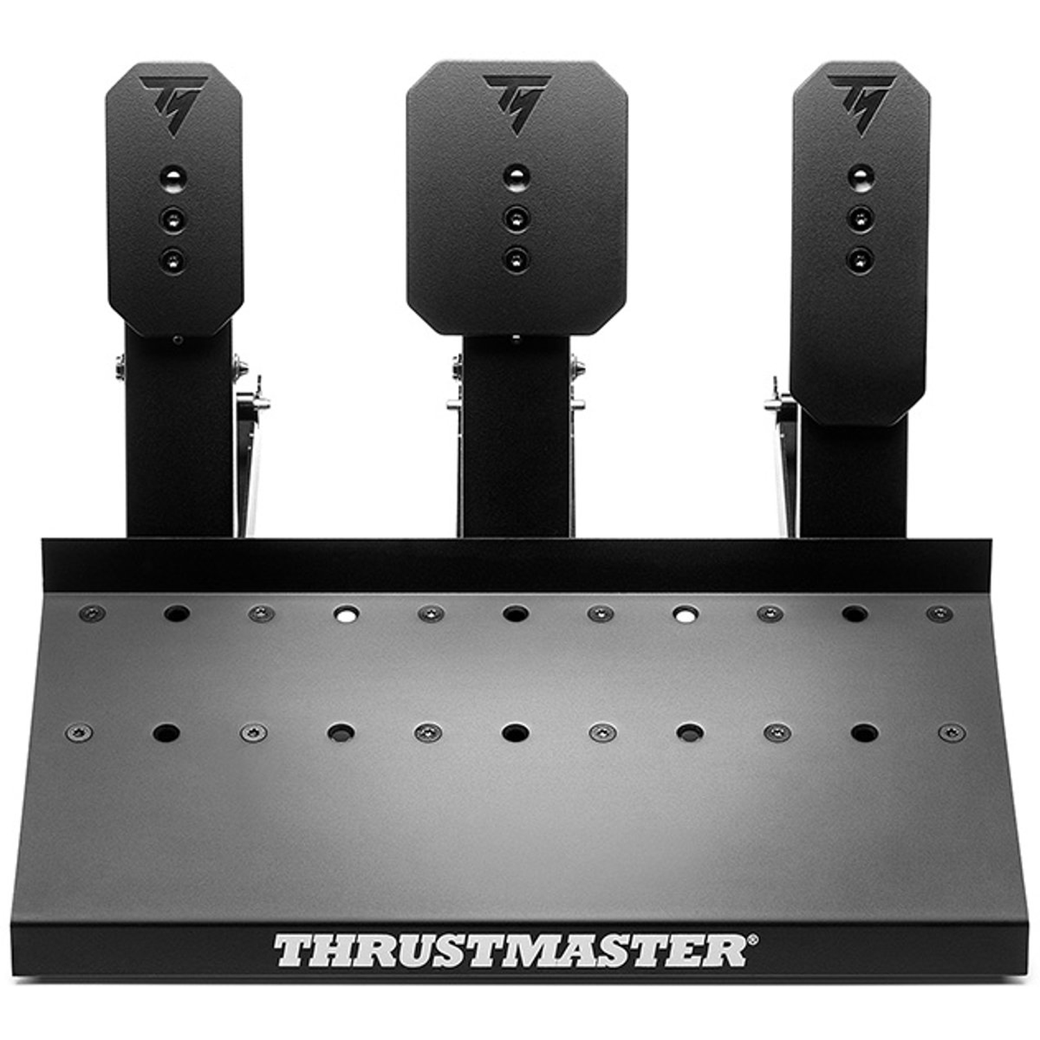 Pédales de course Thrustmaster noires sur une base grise. Trois pédales sont visibles. La base comporte plusieurs trous et le nom de la marque est visible.