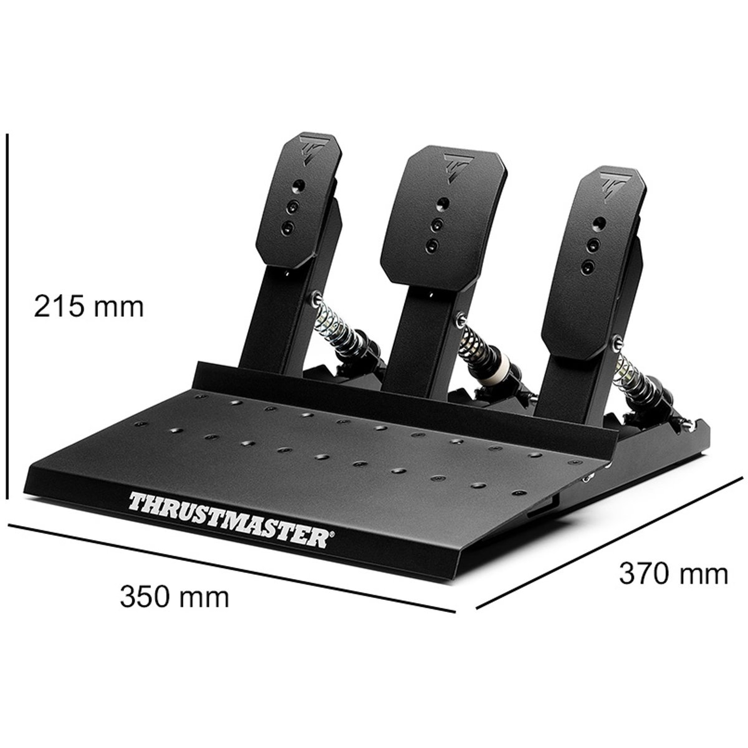 Pédales de course Thrustmaster noires sur une base noire. Dimensions indiquées : 350 mm, 370 mm et 215 mm. Ressorts et vis visibles.