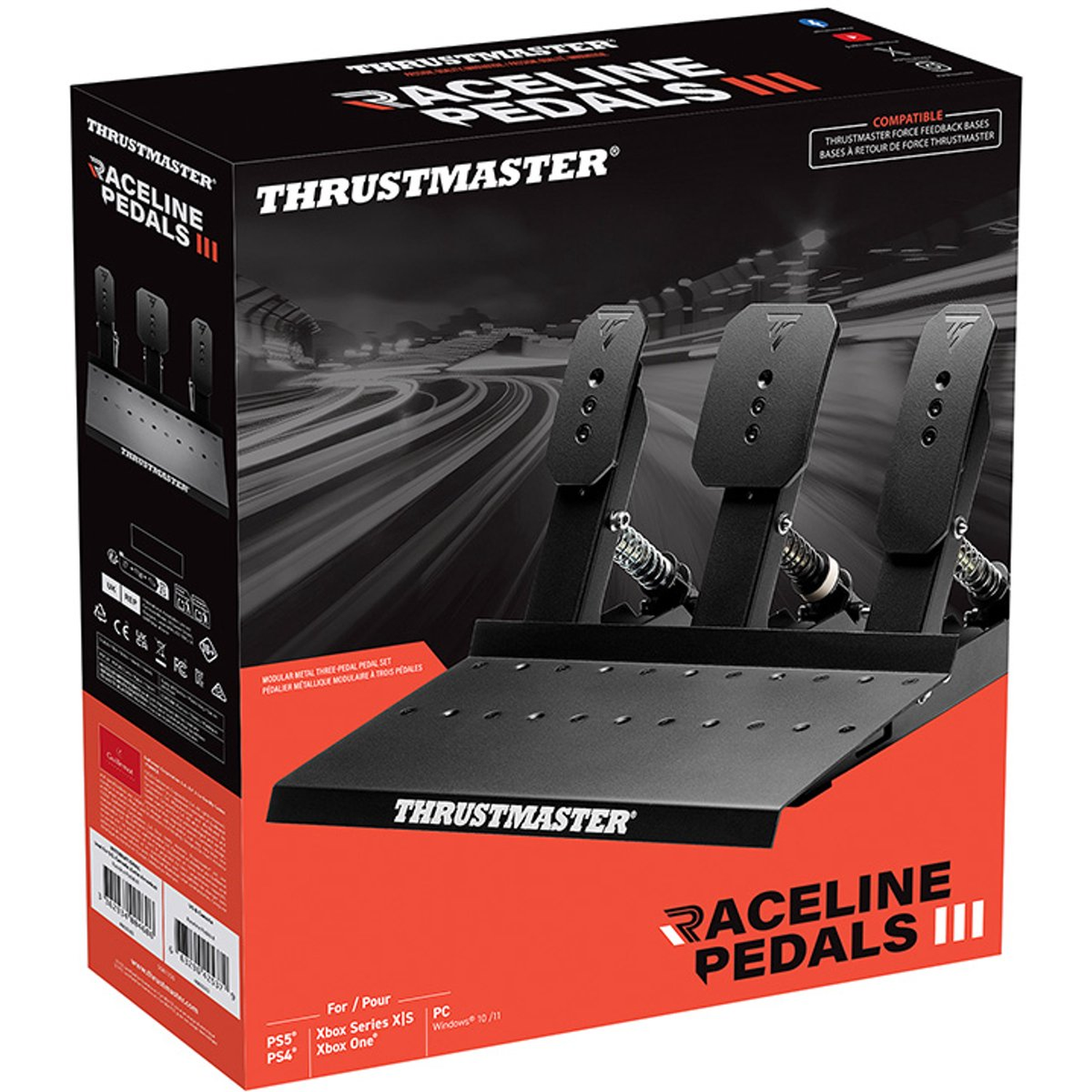 Boîte de Thrustmaster Raceline Pedals III. La boîte est noire et orange avec des images des pédales. Les pédales sont noires et métalliques.