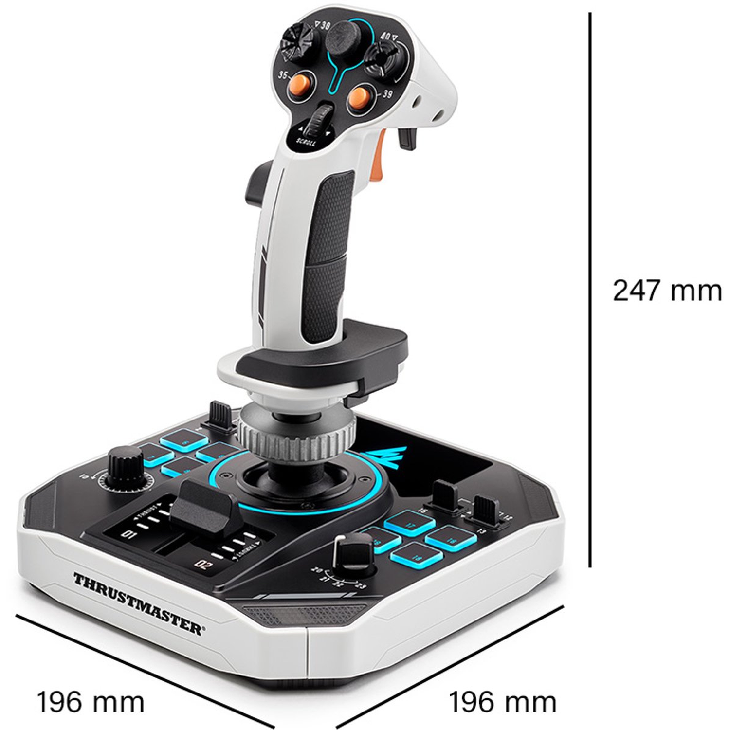 A white and black Thrustmaster flight stick with buttons and dials. Dimensions 196x196x247mm are marked. The stick has orange accents.