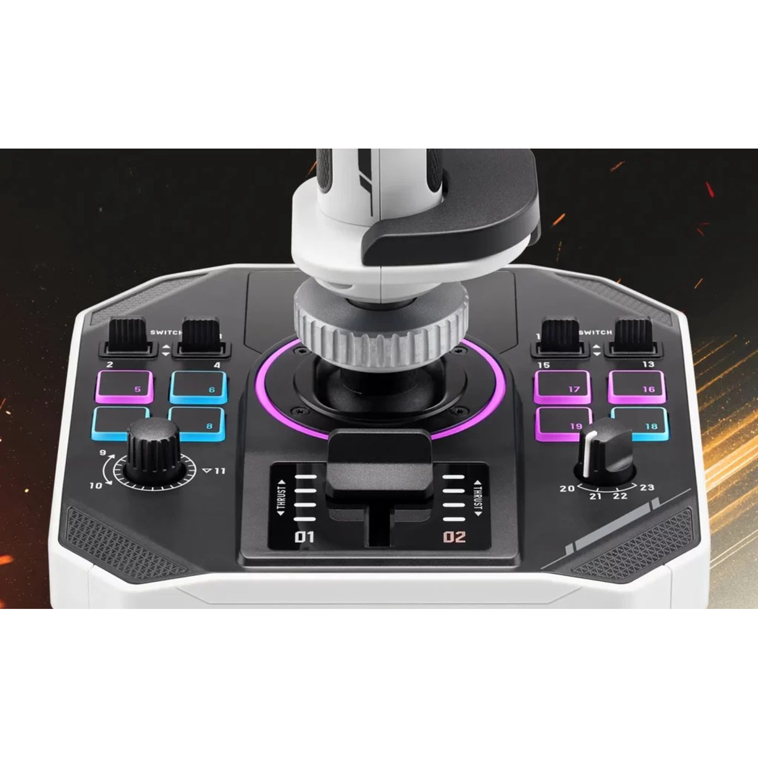 A close-up of a gaming controller with buttons, switches, and a joystick. It has colorful lights and a black and white design.