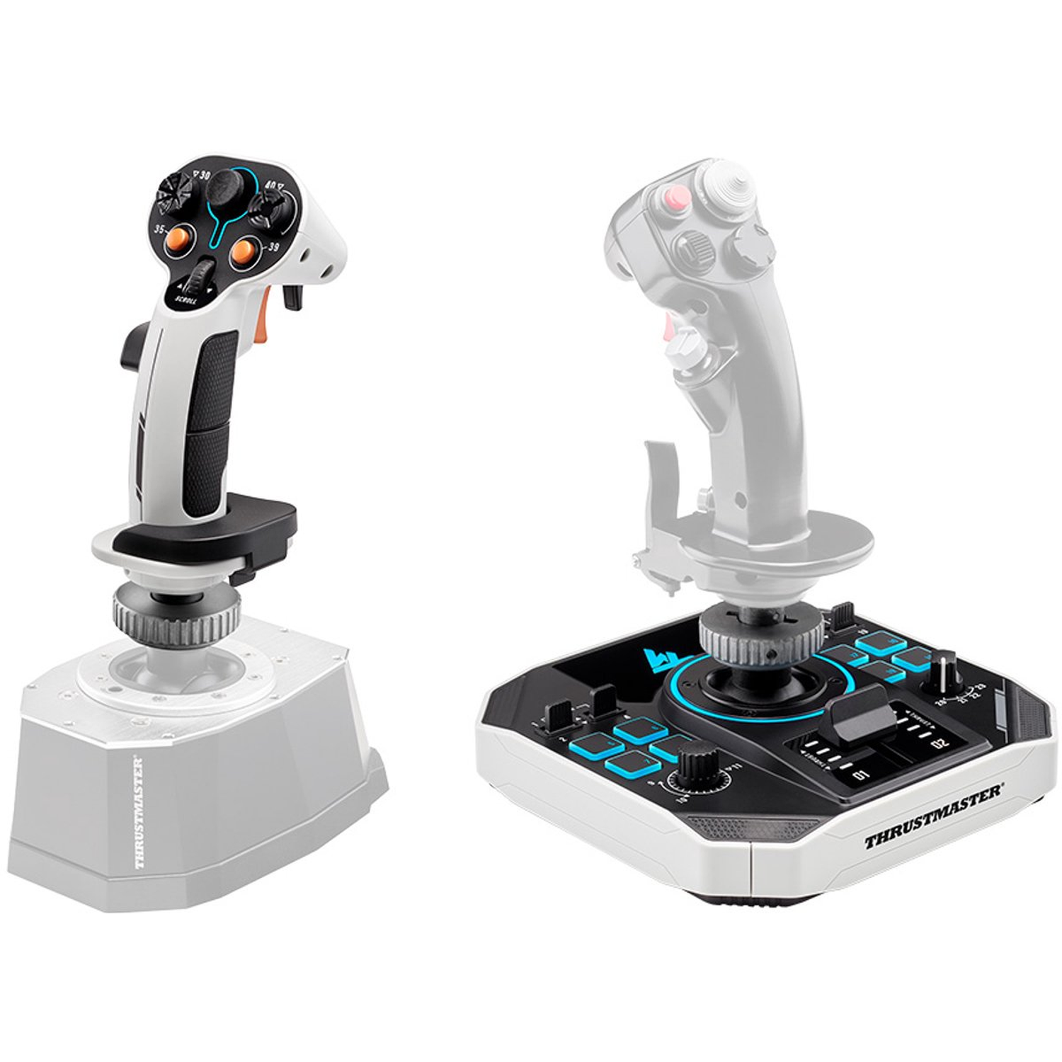 Two flight sim joysticks. One is white and black, with multiple buttons and a base. The other is a gray outline.