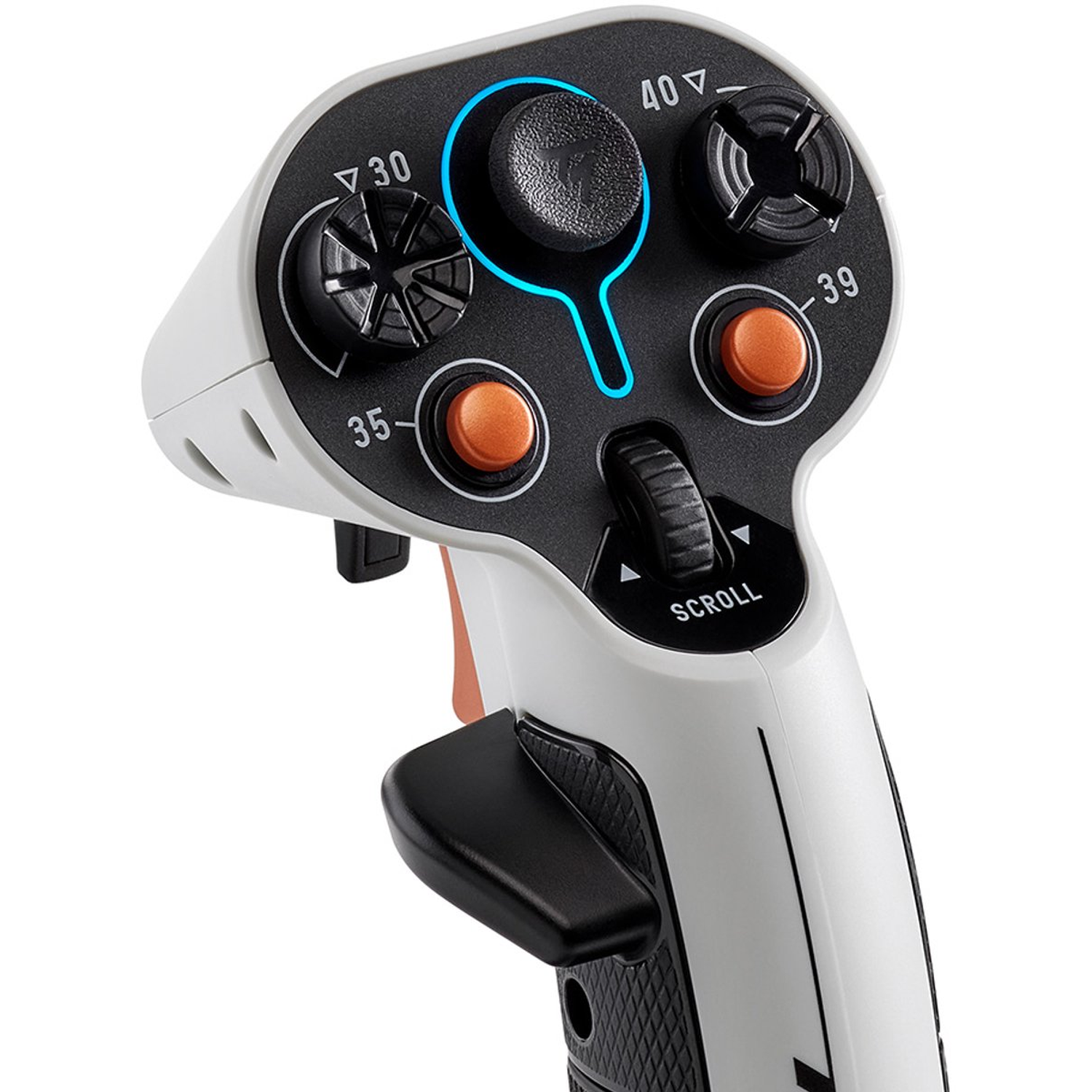 A close-up of a game controller with a black and gray design. It has several buttons, dials and a scroll wheel for navigation.