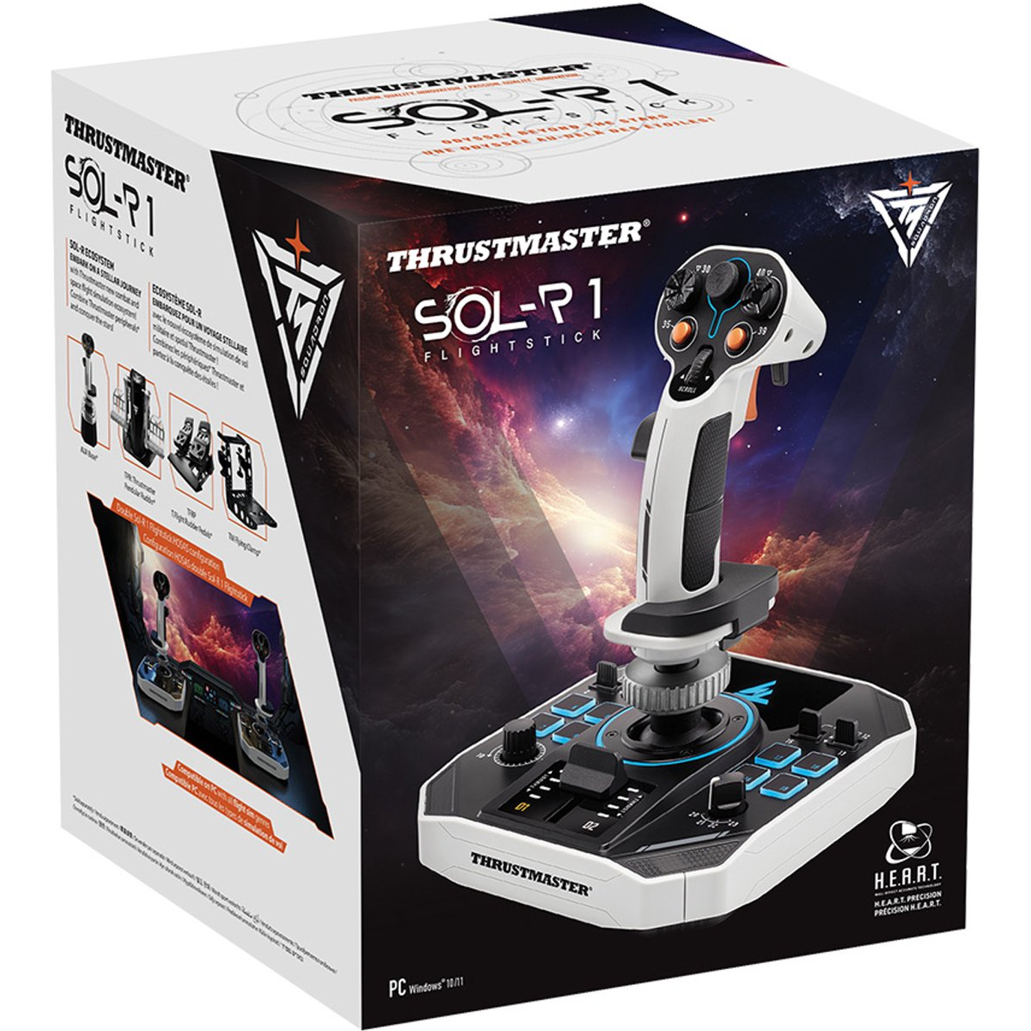 Box of Thrustmaster SOL-R1 Flightstick. The box features the product, with a joystick, and a background of a nebula.