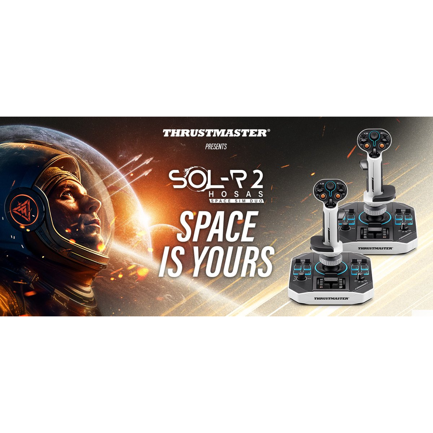 Een astronaut kijkt omhoog in de ruimte. Thrustmaster product, SOL-P2 HOSAS, wordt gepresenteerd. 'Space is yours' tekst wordt getoond met twee joysticks.