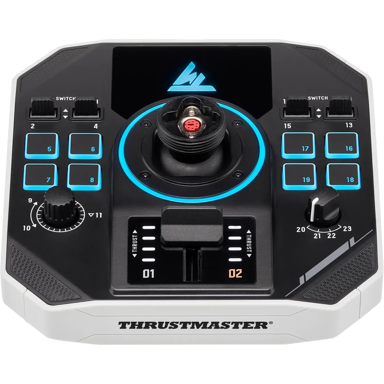 Een Thrustmaster vluchtbedieningspaneel met knoppen, schakelaars, een joystick en draaiknoppen. Het heeft een zwart-wit ontwerp met blauwe lichten.