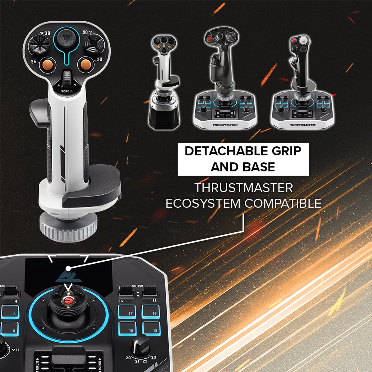 Afbeelding toont een flightstick met knoppen en draaiknoppen. Drie andere sticks zijn zichtbaar, samen met de tekst: Afneembare grip en basis.