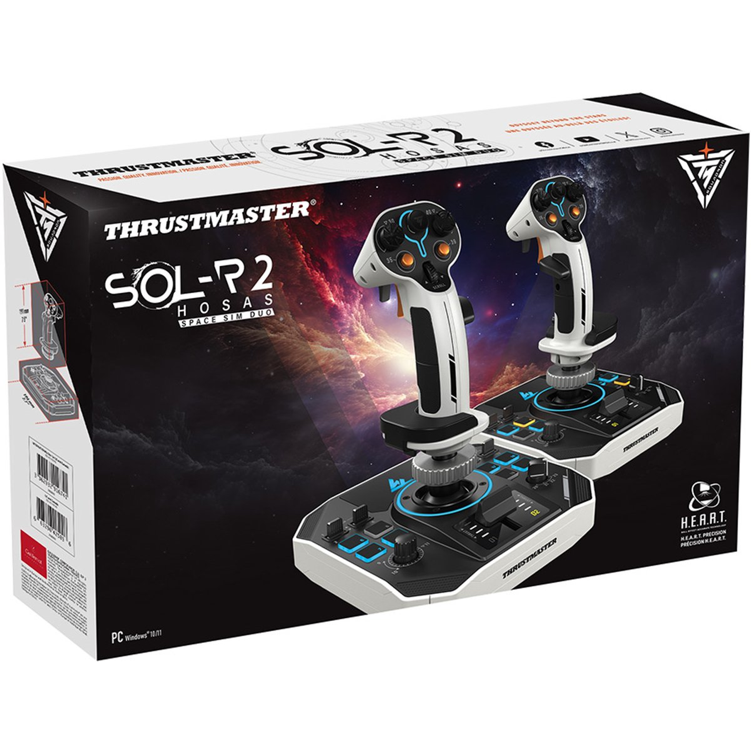 Doos van Thrustmaster SOL-P2 HOSAS space sim duo. Voorzien van twee joysticks met zwart-wit design, blauwe accenten en PC Windows compatibiliteit.