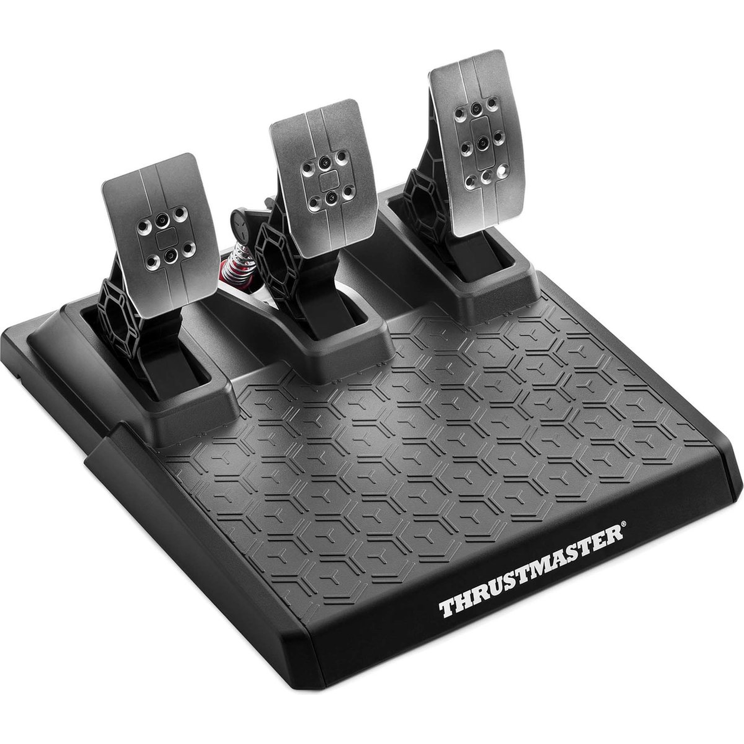 Een zwarte Thrustmaster pedaalset met drie zilveren pedalen op een textuur basis. De basis heeft een honingraatpatroon.
