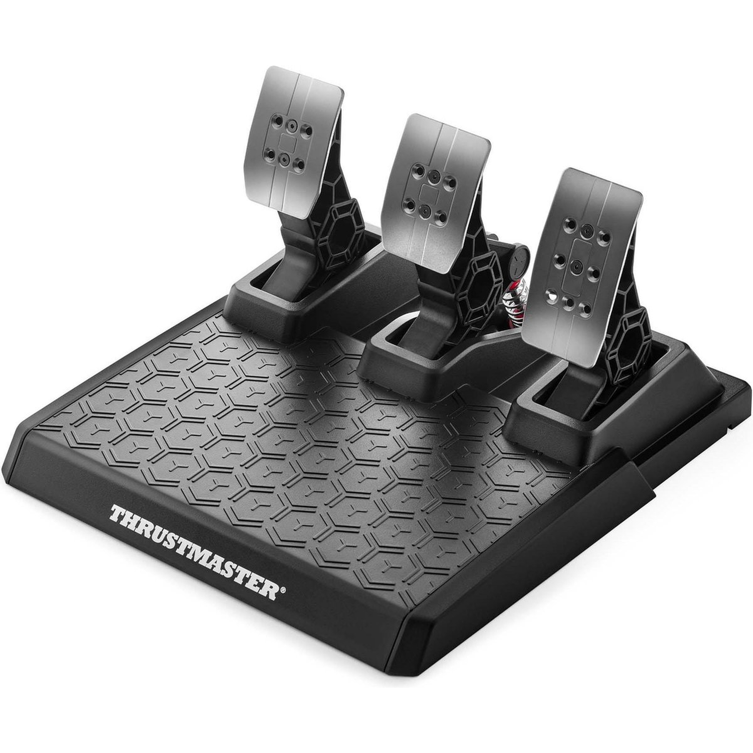 Een zwarte Thrustmaster pedaalset. Het heeft drie metalen pedalen op een getextureerde basis met de merknaam.