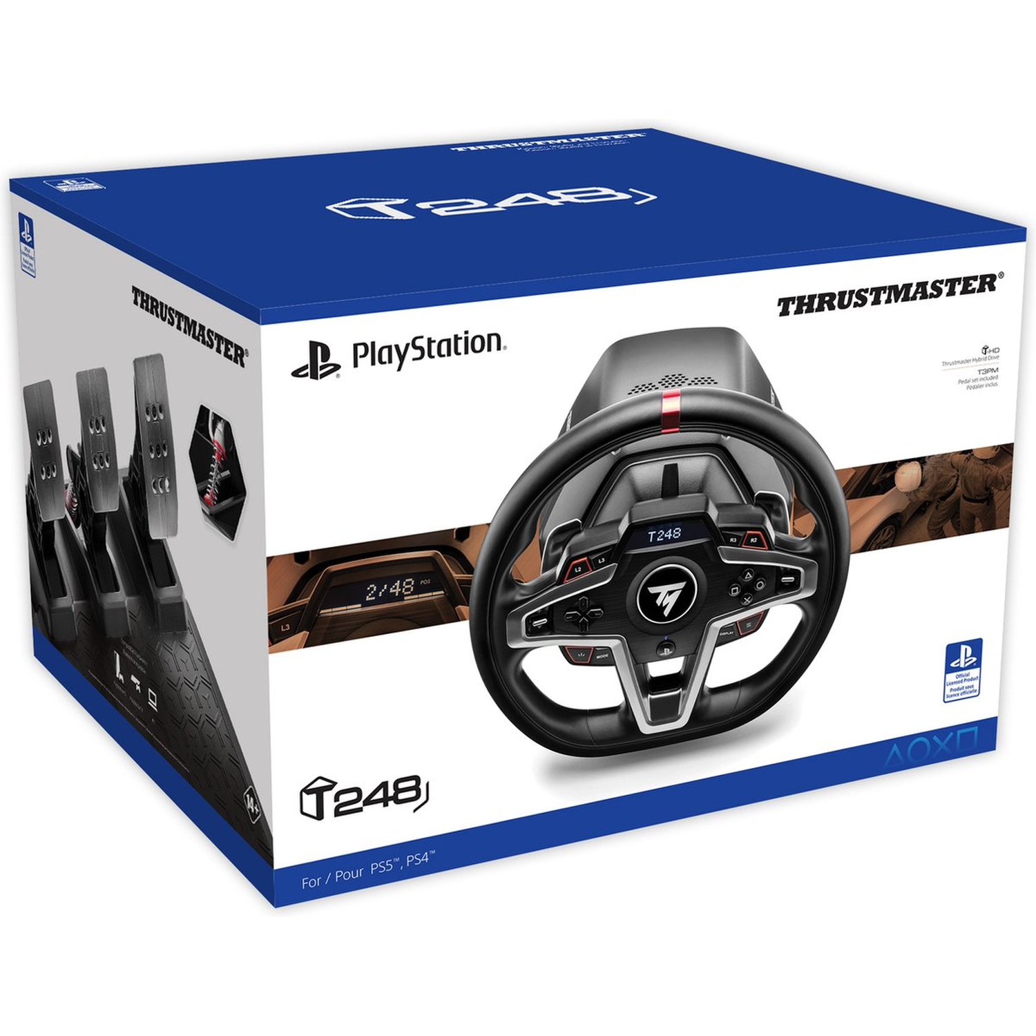 Een Thrustmaster T248 racestuurdoos. Het bevat een stuur, pedalen en branding voor PlayStation.