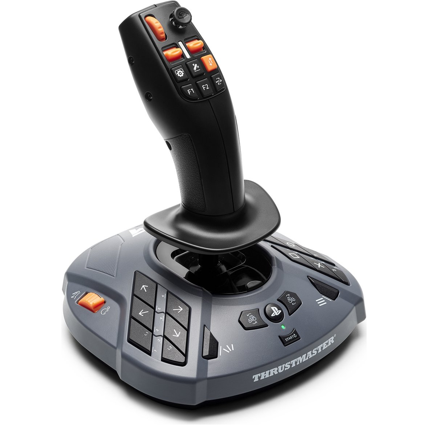 Een grijze en zwarte Thrustmaster joystick. Het heeft oranje knoppen en een zwarte handgreep. De basis heeft knoppen en de merknaam.