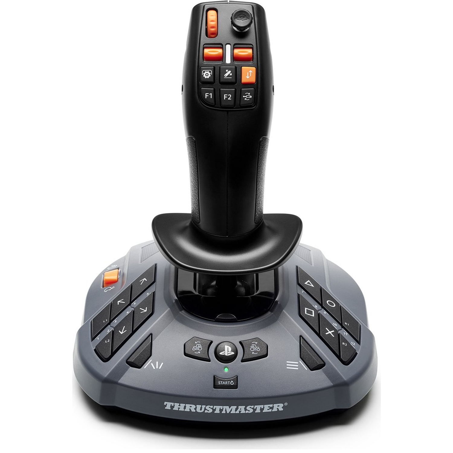 Een Thrustmaster joystick. Het heeft een zwarte handgreep met oranje knoppen. De basis is grijs met meerdere zwarte knoppen en een groen licht.