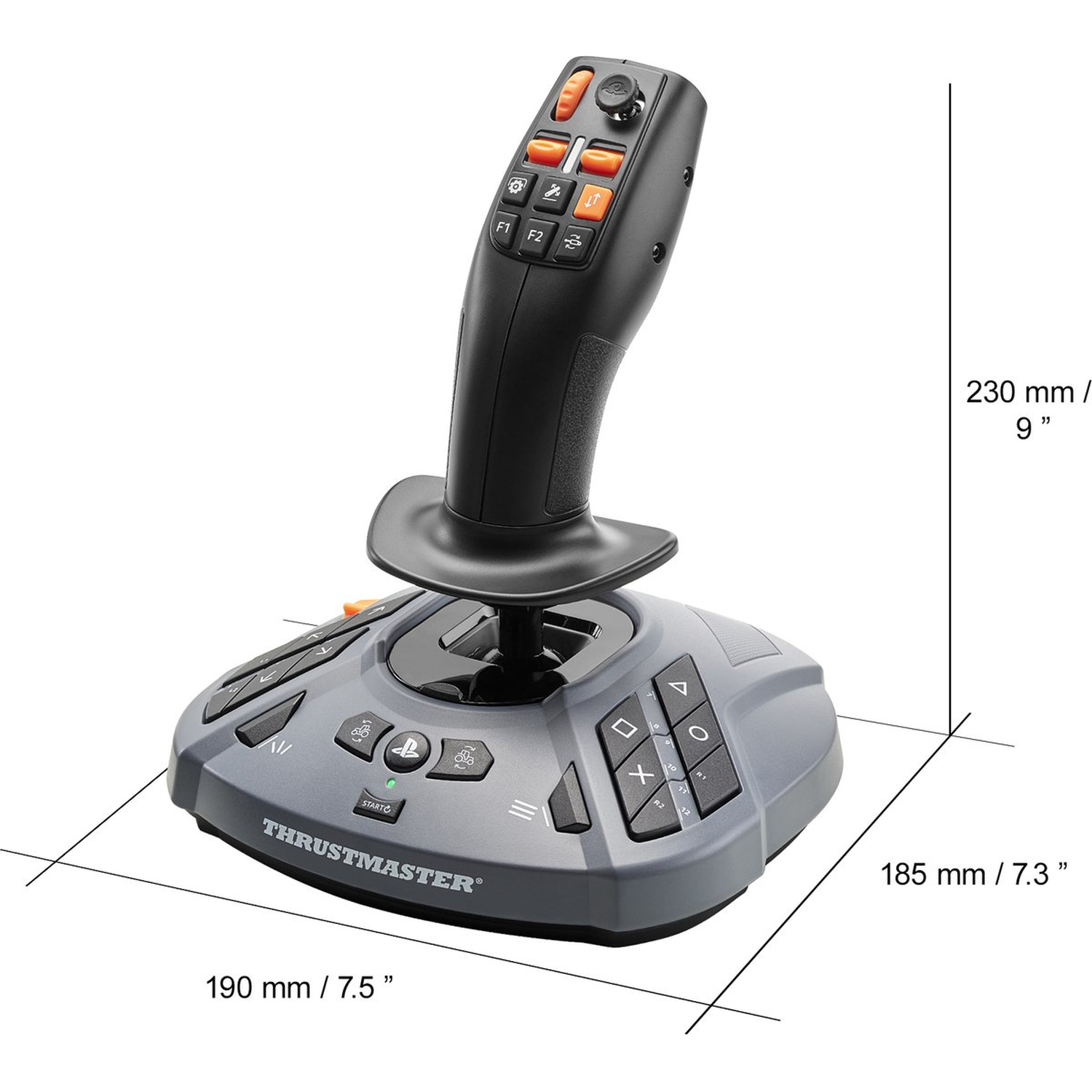 Een Thrustmaster joystick met zwart en grijze basis, zwarte handgreep met oranje knoppen, en afmetingen in mm en inches.