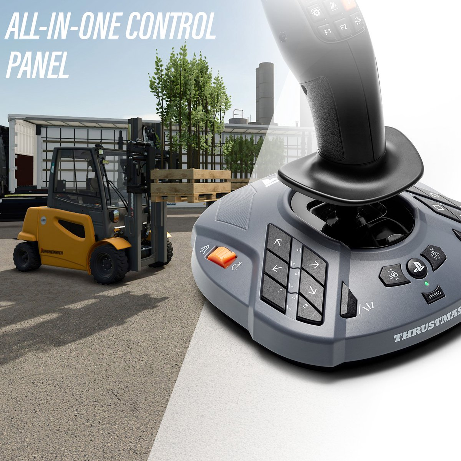 Een gele vorkheftruck laadt een houten pallet. Een grijs bedieningspaneel met knoppen en een joystick staat op de voorgrond. Tekst: ALL-IN-ONE CONTROL PANEL.