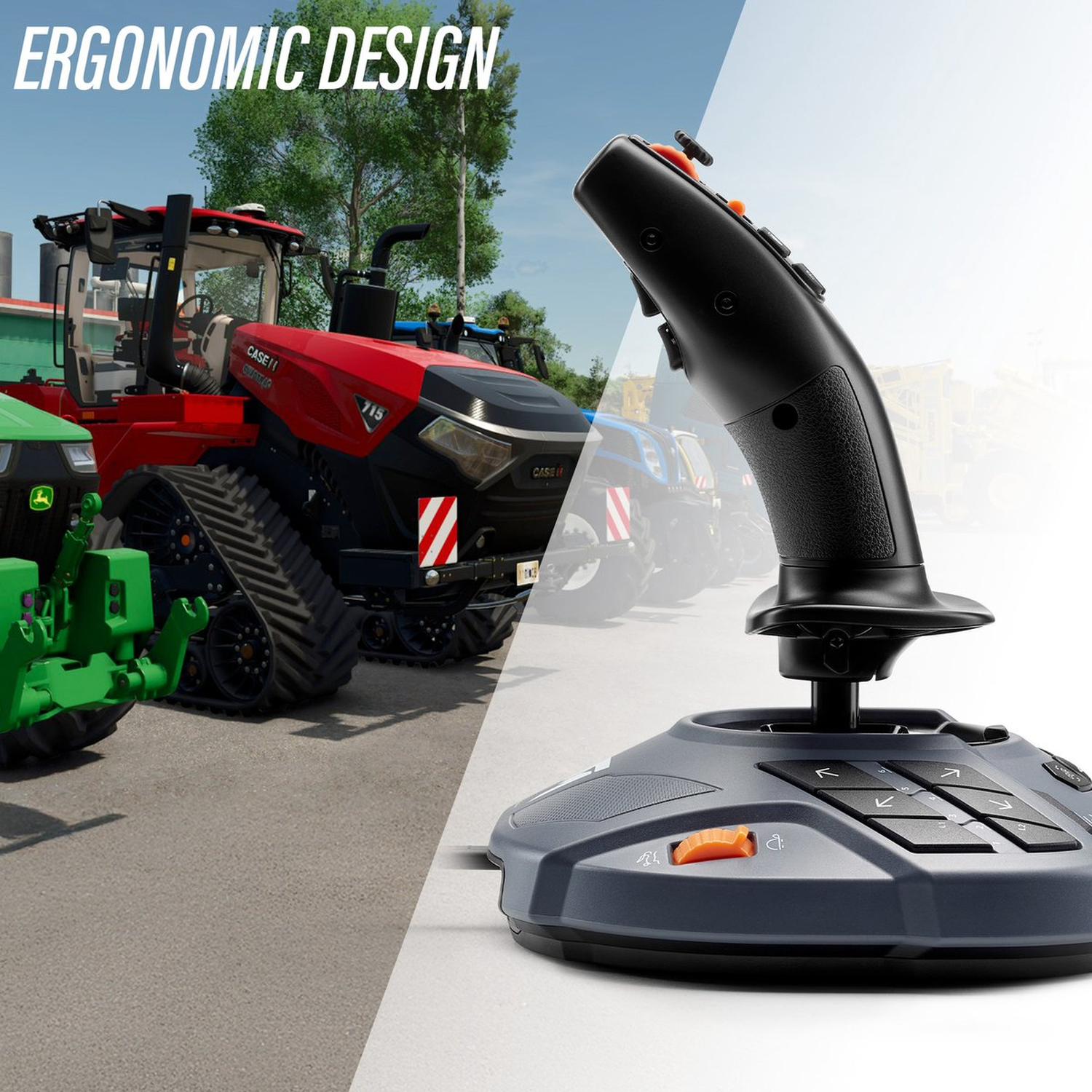 Afbeelding toont een joystick en tractoren. De joystick is zwart en grijs, met een oranje knop. Tractoren zijn rood, groen en blauw.
