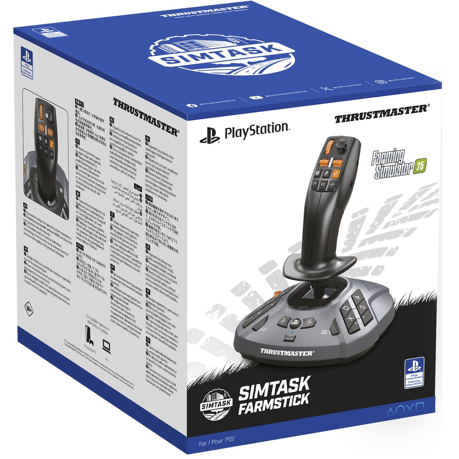 Doos van een Thrustmaster Simtask Farmstick. Een joystick met knoppen en een PlayStation-logo.
