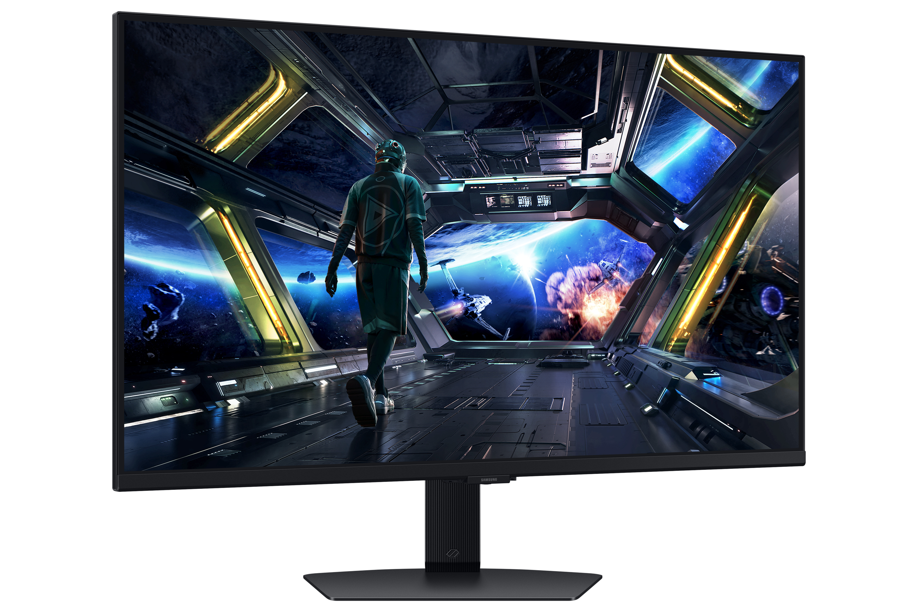 Osoba idzie futurystycznym korytarzem z widoczną przestrzenią przez okna. Monitor wyświetla scenę sci-fi.