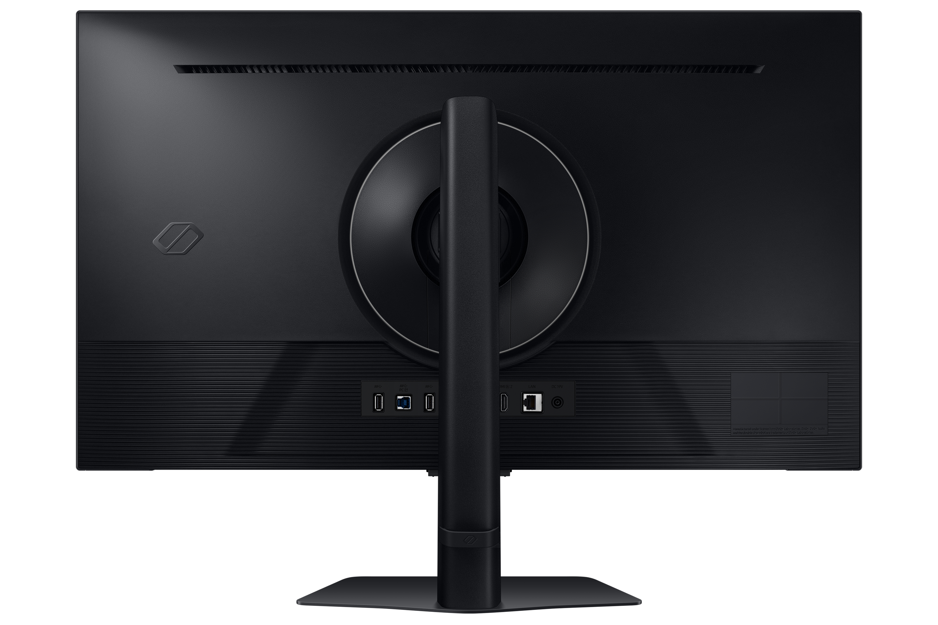 Tył czarnego monitora komputerowego. Ma podstawę i kilka portów.