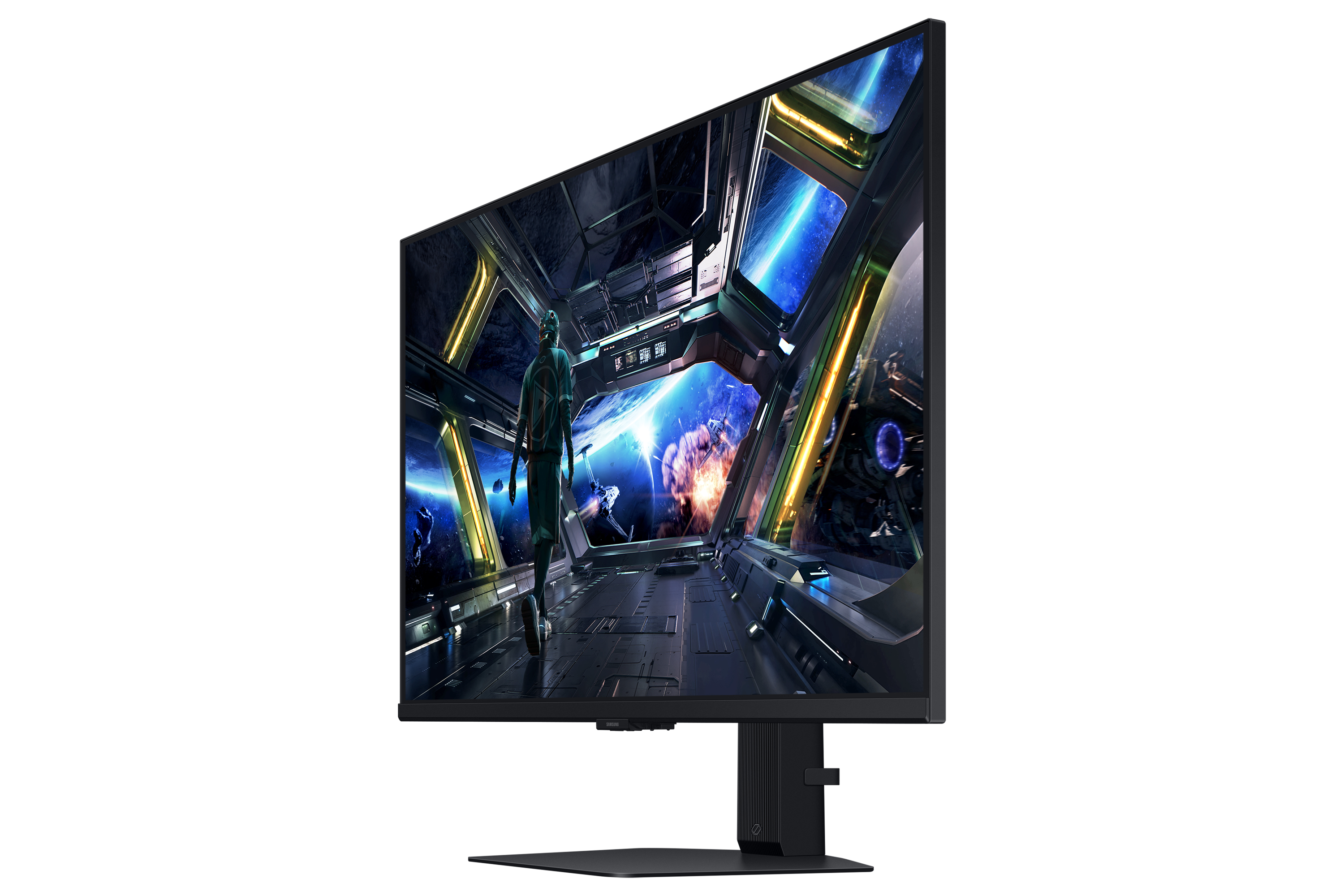 Monitor wyświetla scenę sci-fi z postacią w futurystycznym korytarzu, przestrzeń kosmiczna.