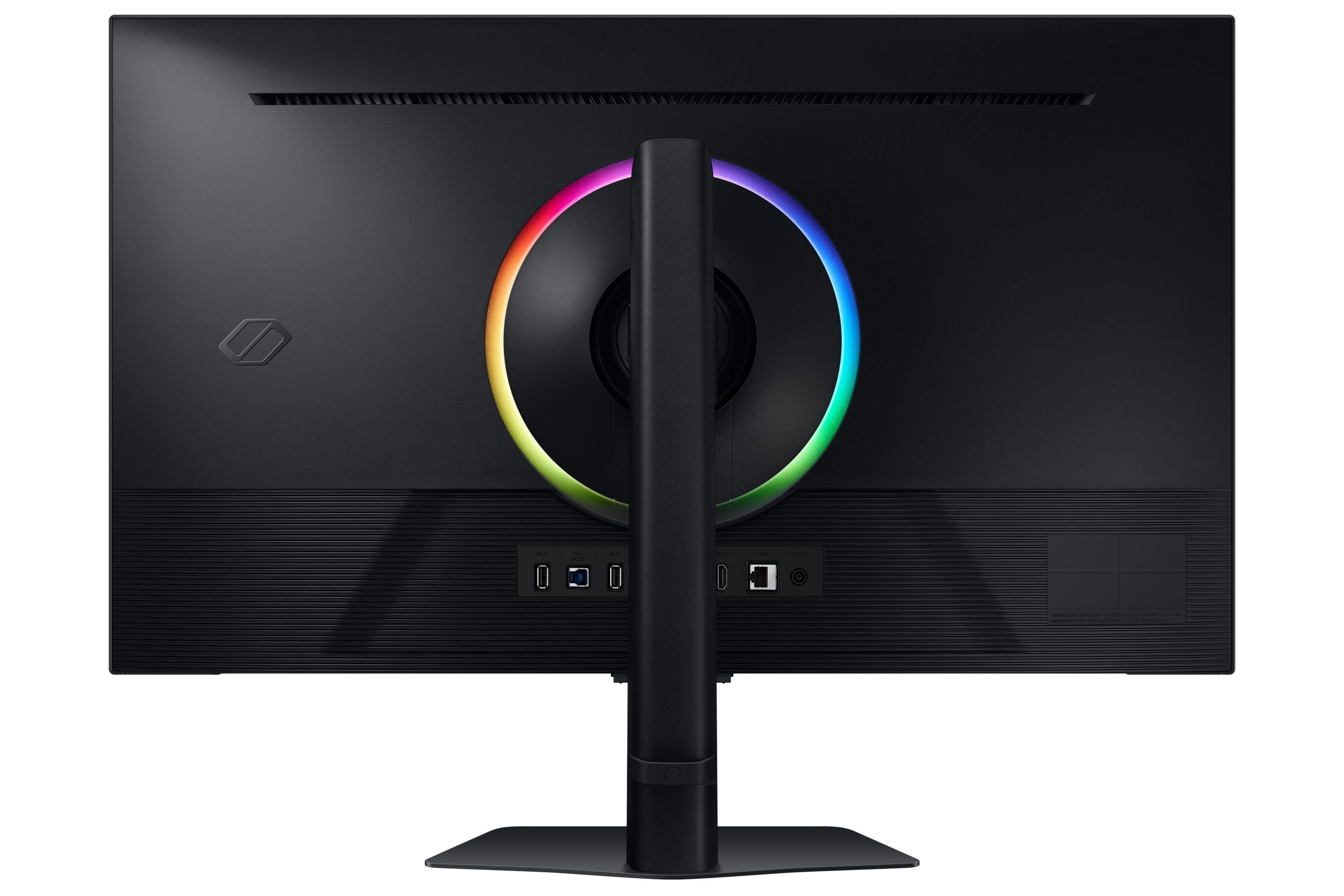 Tył czarnego monitora komputerowego. Pierścień kolorowych świateł wokół centralnego ramienia.