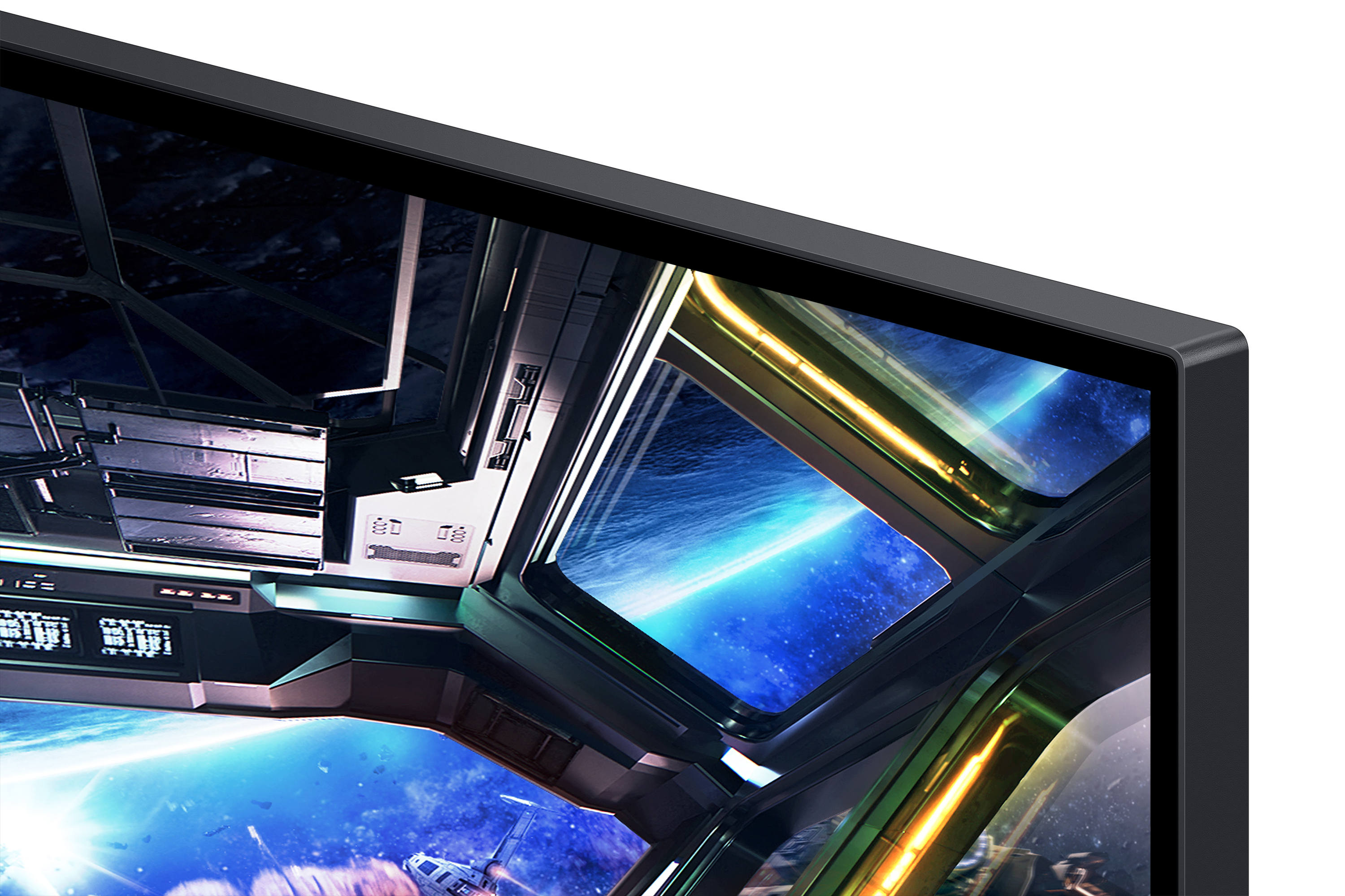 Scena sci-fi z kokpitu statku kosmicznego, patrząca w kosmos. Widoczna planeta i statek.