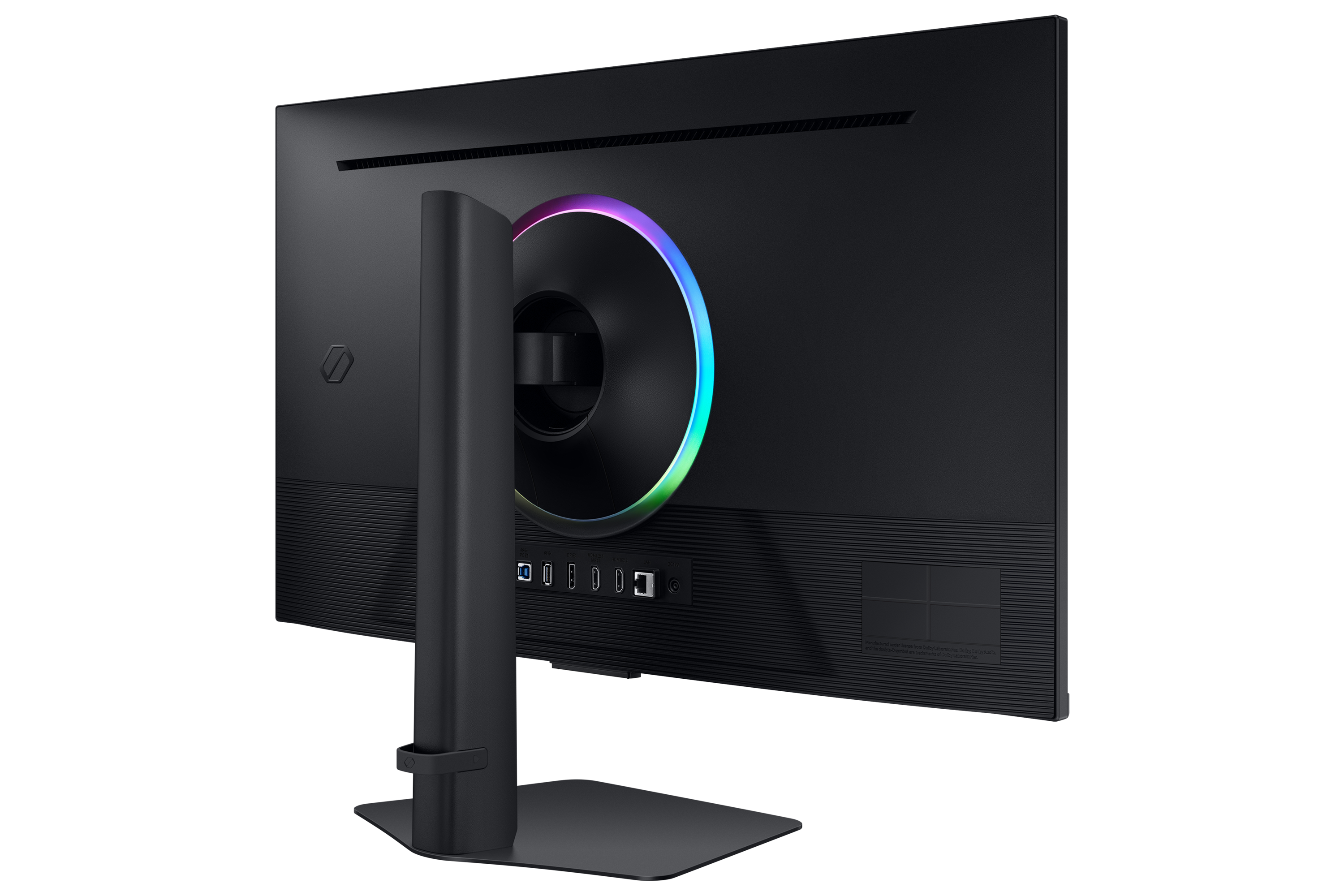 Czarny tył monitora ze stojakiem. Ma kolorowy pierścień LED i różne porty.
