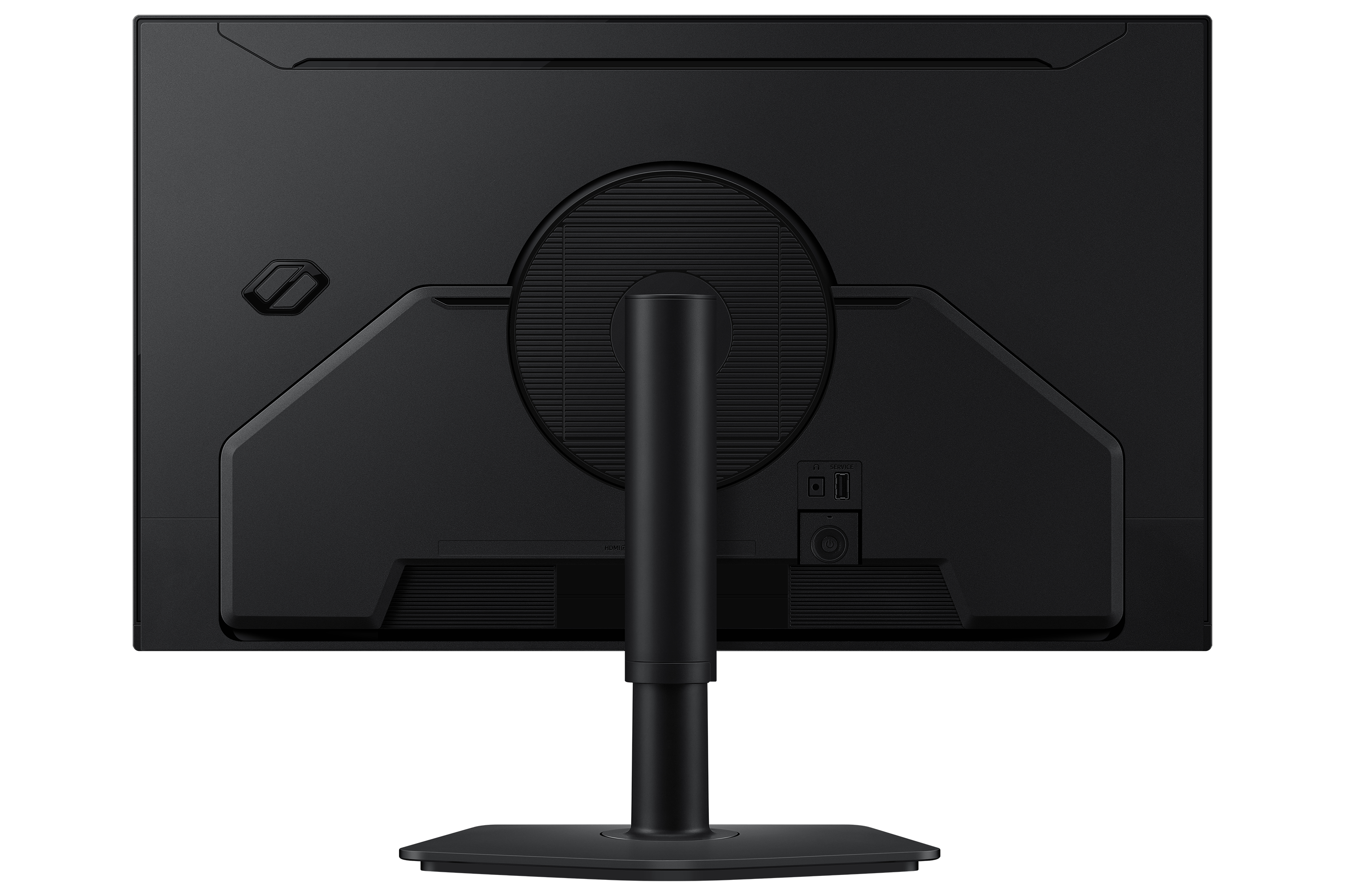 Rückseite eines schwarzen Computermonitors. Es hat einen Ständer und mehrere Anschlüsse.