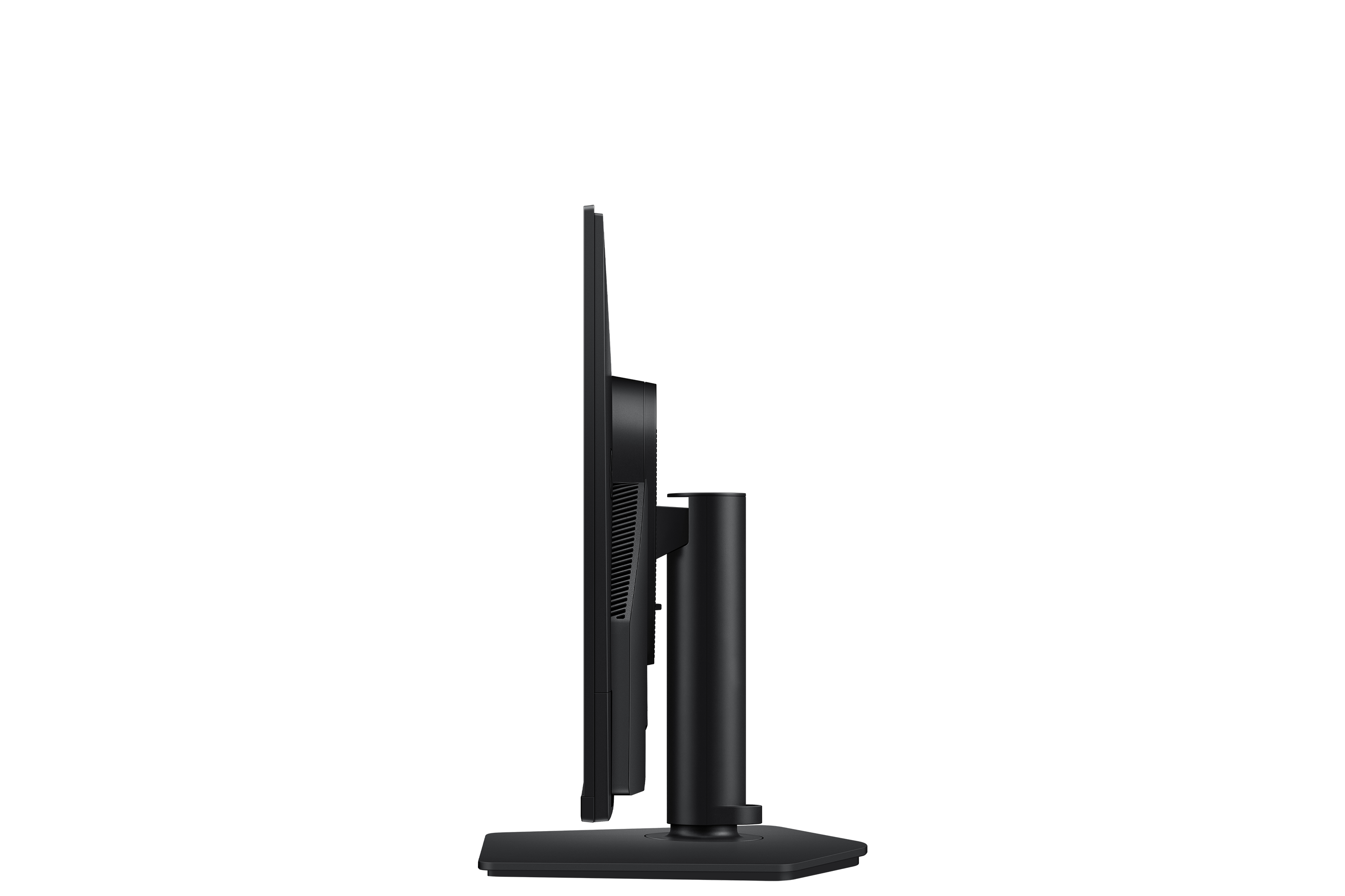 Seitenansicht eines schwarzen Computermonitors mit Ständer vor schwarzem Hintergrund.